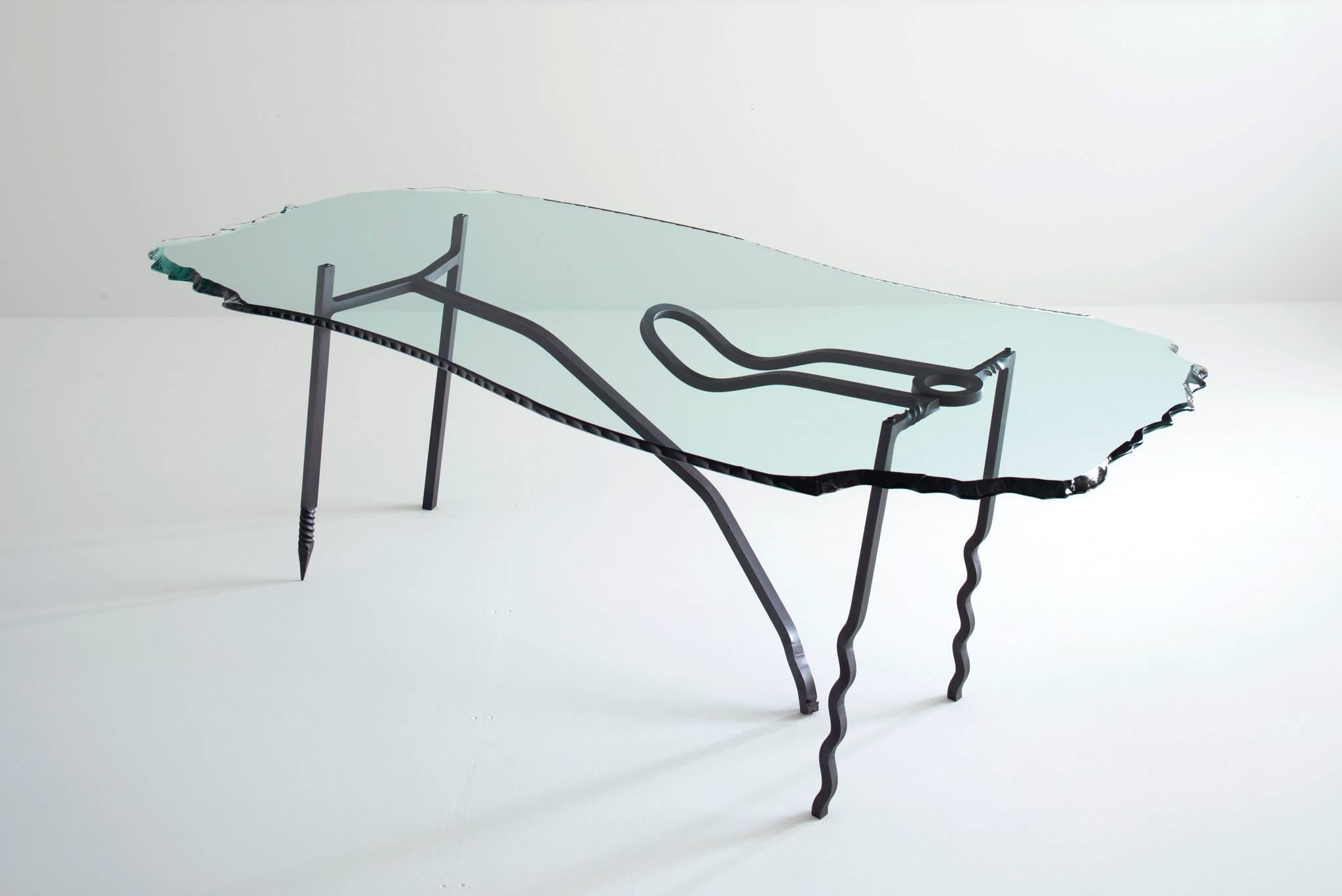 British Romeo and Juliet, Glass and Steel Dining Table For Sale