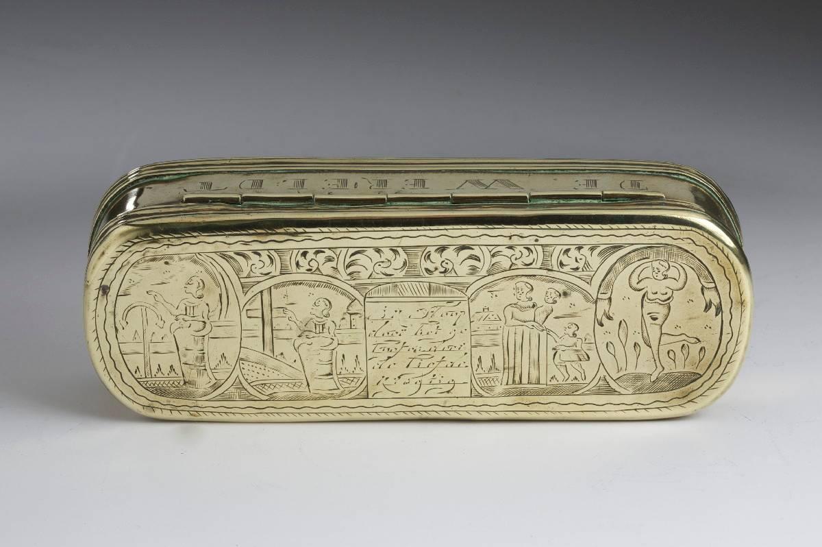 Dutch, brass intricately engraved tobacco box with female figures, engraved with a basic translation 