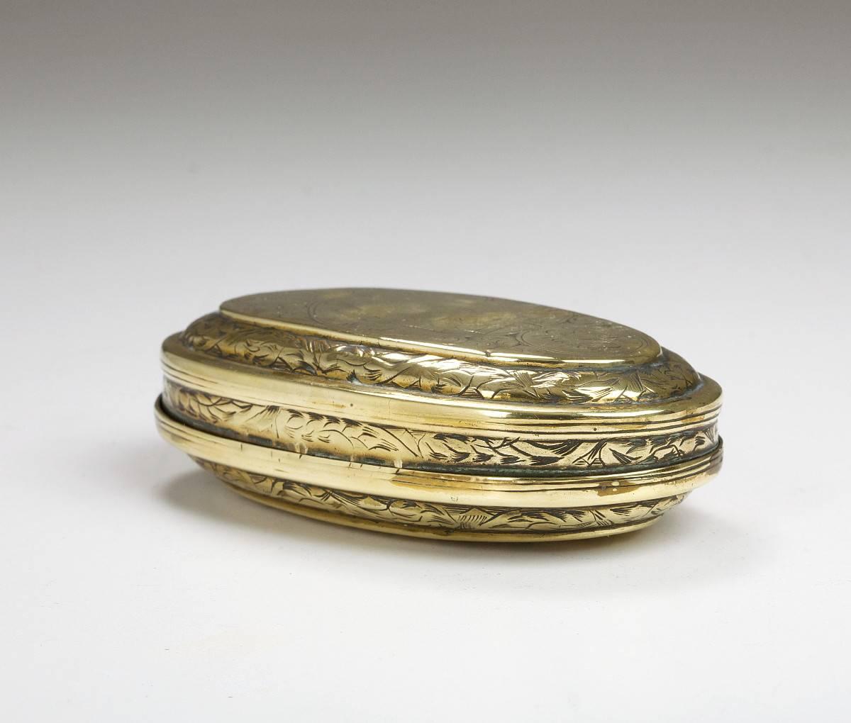 Dutch, brass tobacco box, oval humorous 