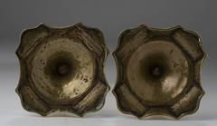 Pair of English Brass Petal and Dart Seamed Candlesticks, 18th Century