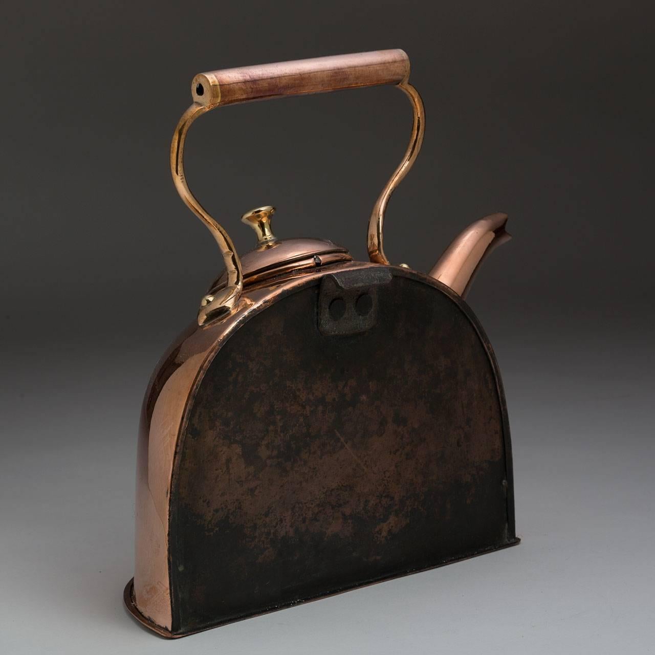 English, copper barge kettle with removable lid and iron lug on back for hanging on an English, copper half kettle, dark color on back and bottom circa 1900-1910..9.5″H, 8.25″ base.

The 18th century, Canal Mania.
Manufacturing had already