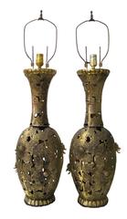 Pair of Chinoiserie Pierced Brass Flower Lamps