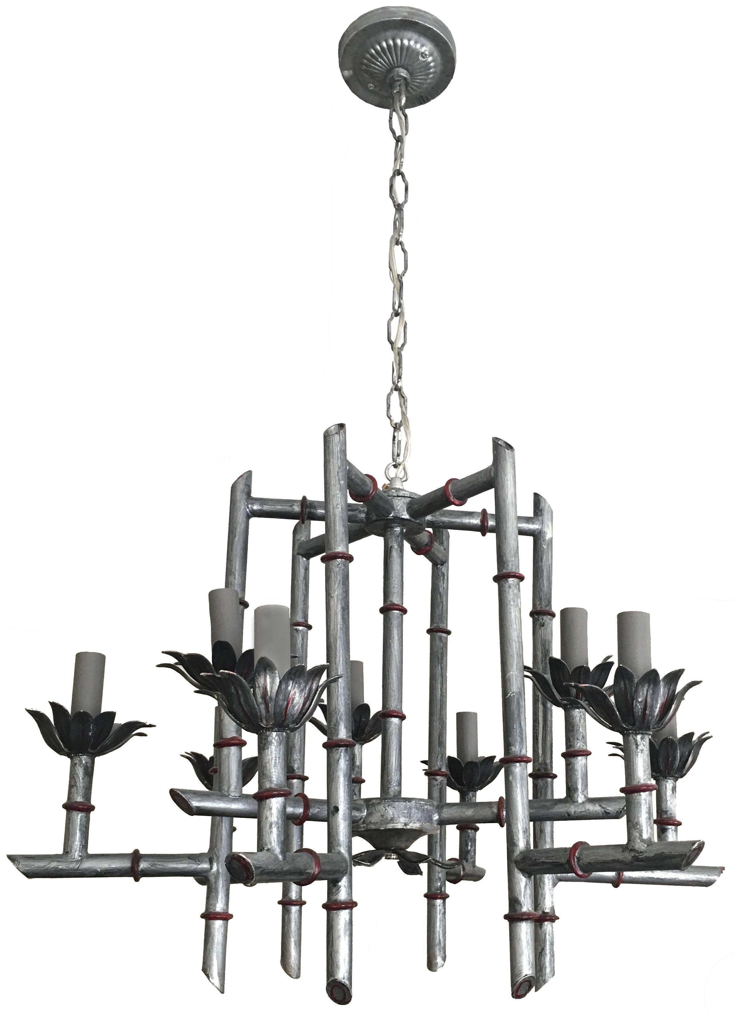 Custom painted bamboo-style chandelier. Burnished dark silver with red accents. Newly rewired. 18