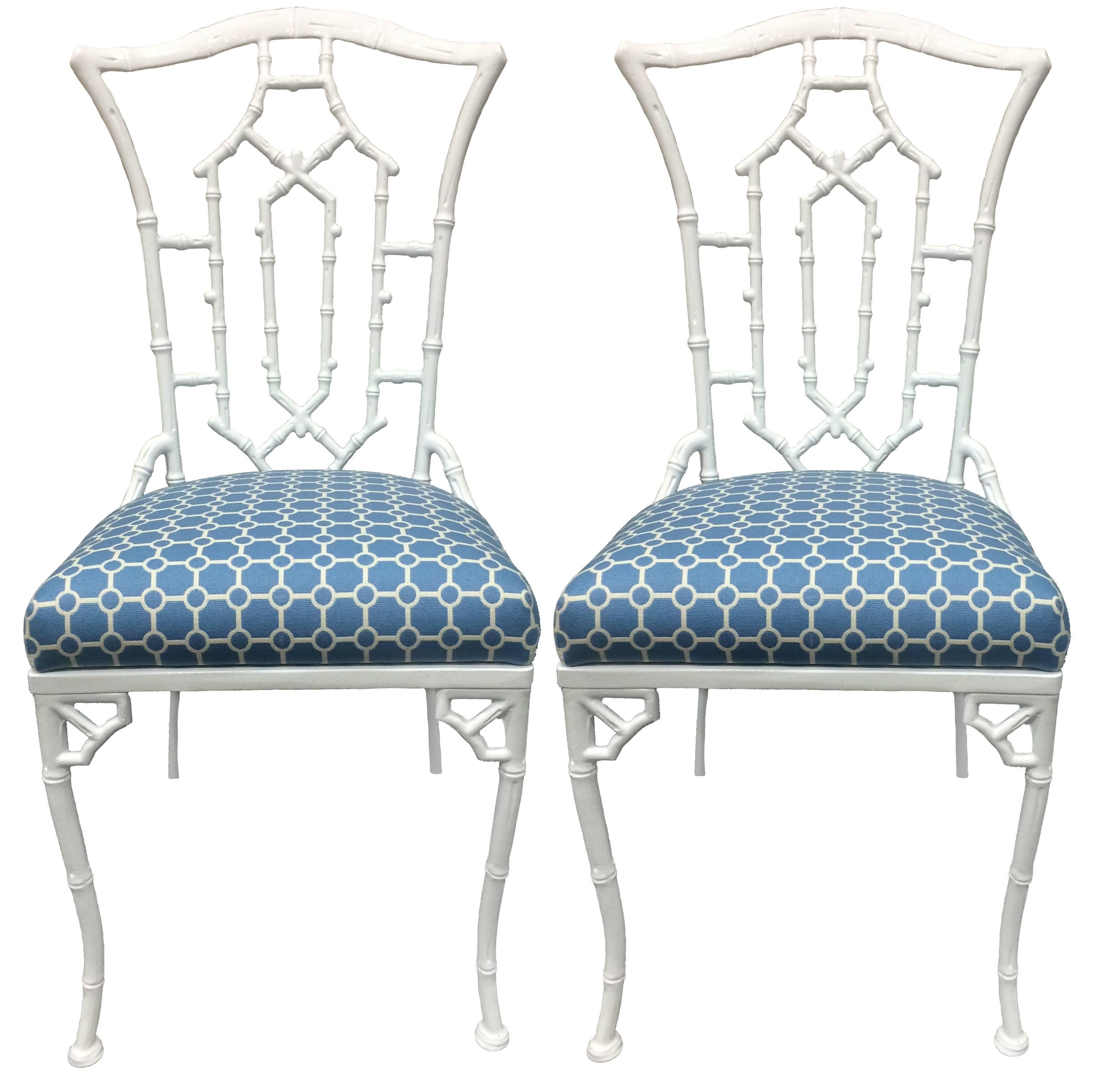 White Metal Chinoiserie Pagoda Chairs, Pair