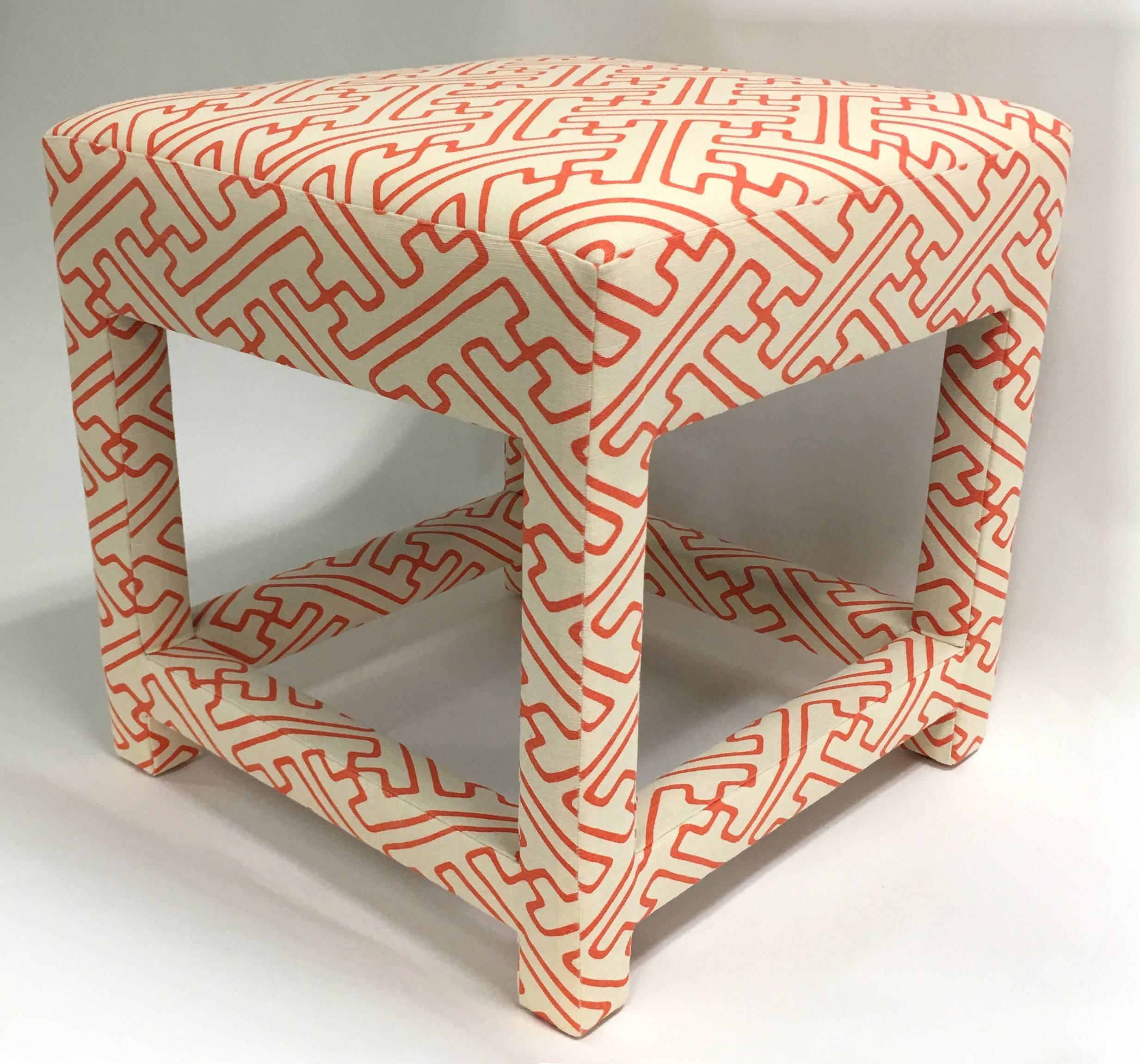 1970s David Hicks style parsons stool. Newly upholstered in Quadrille Alan Campbell 'Saya Gata' in orange linen on tint.