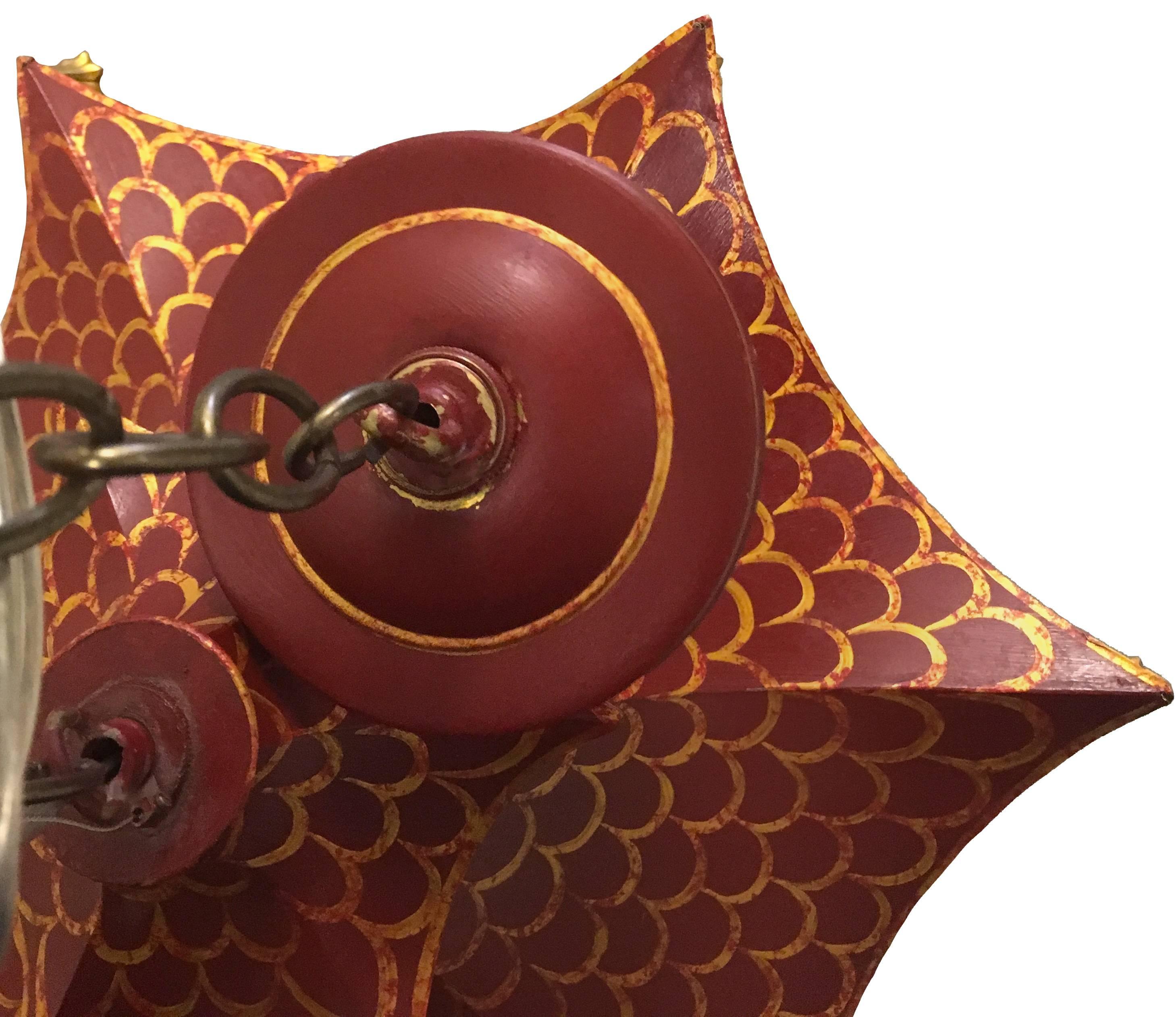 American Custom Red and Gold Chinoiserie Pagoda Chandelier