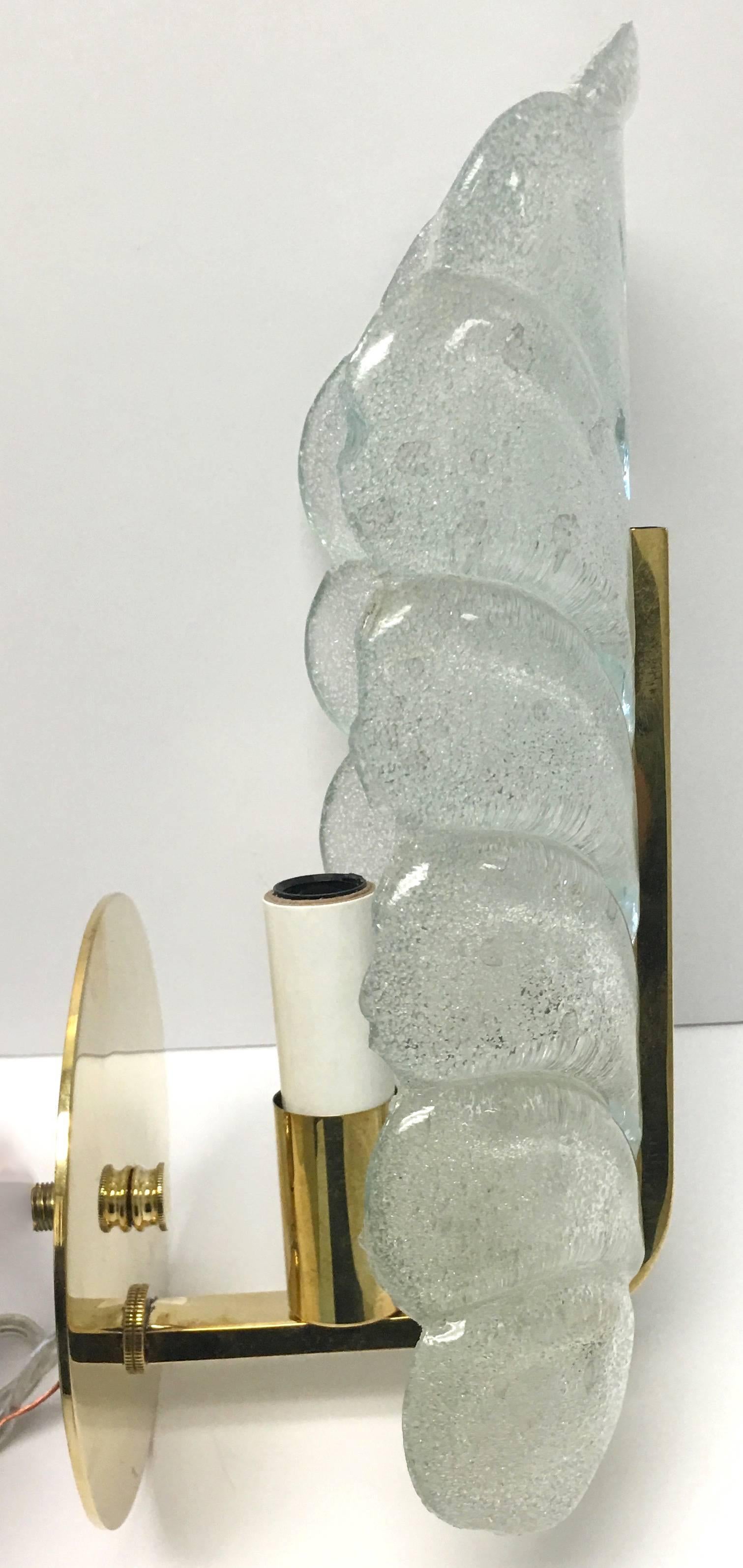 Blown Glass 1960s Glass Leaf and Brass Wall Sconces by Carl Fagerlund for Orrefors, Pair