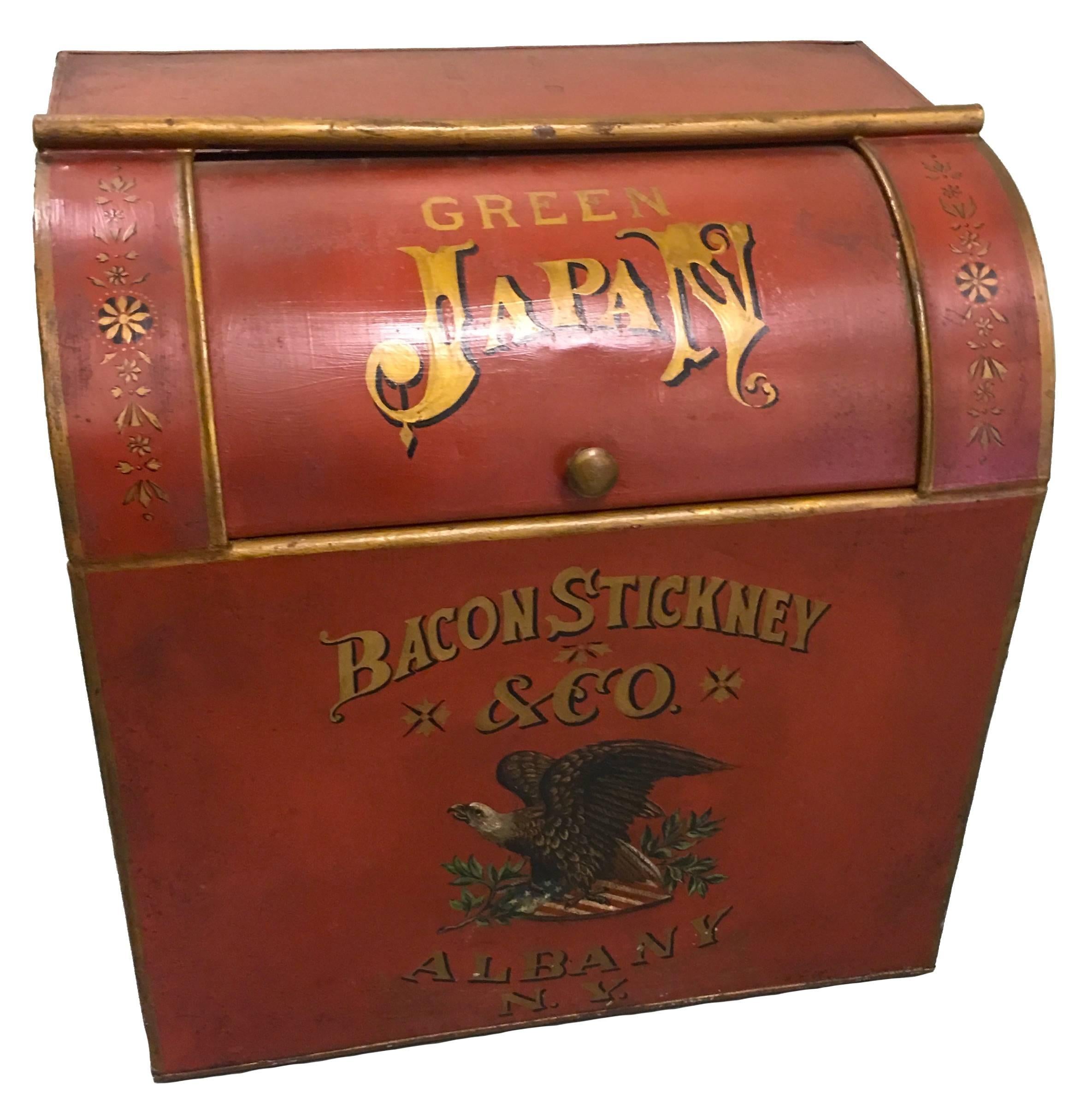 Red Tole Hand-Painted Tea Bin/ Side Table by Bacon Stickney & Co.