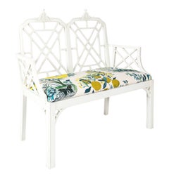 White Chinoiserie Pagoda Motif Newly Upholstered Settee