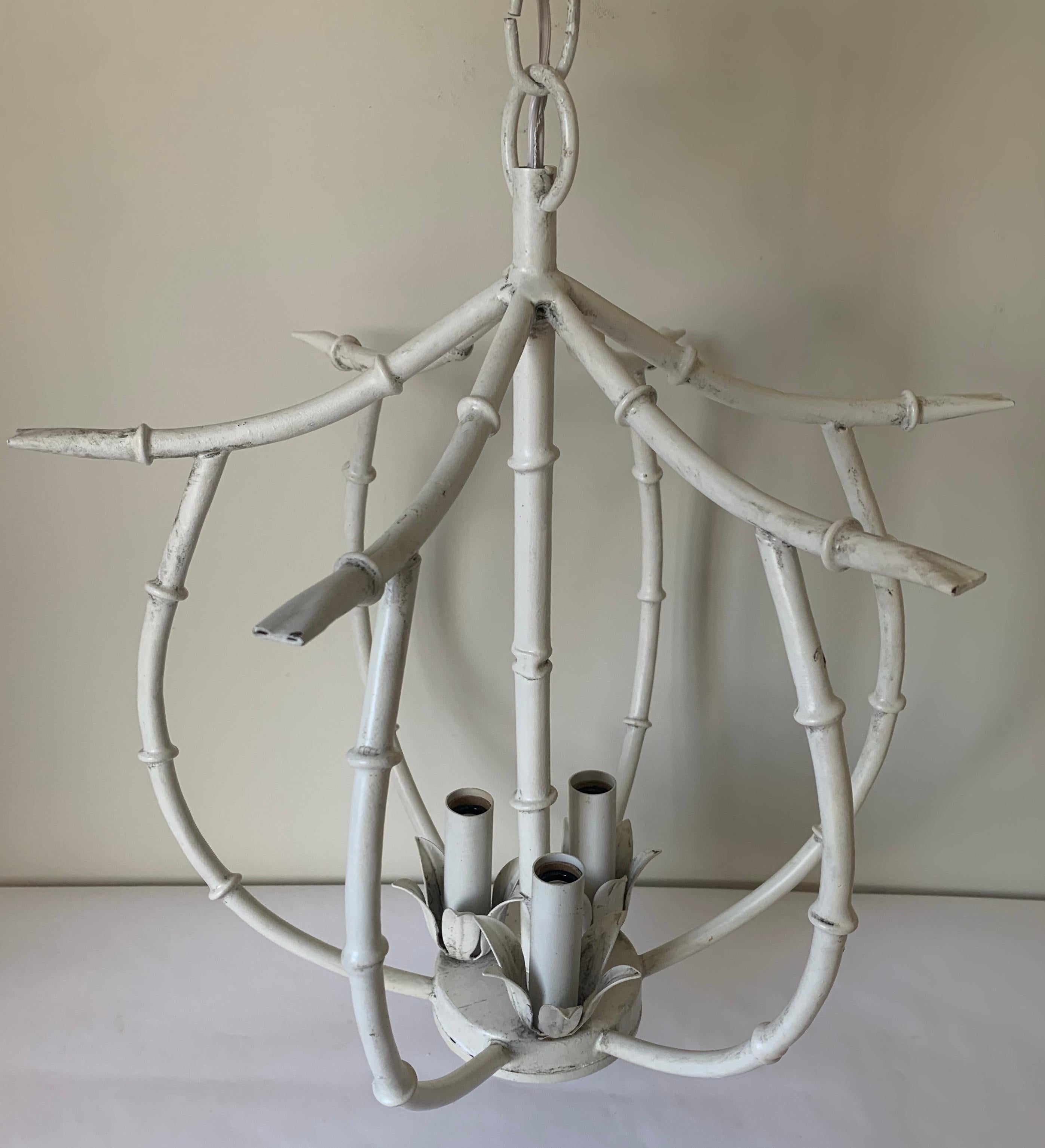 White Chinoiserie Faux Bamboo Chandelier In Excellent Condition In Stamford, CT