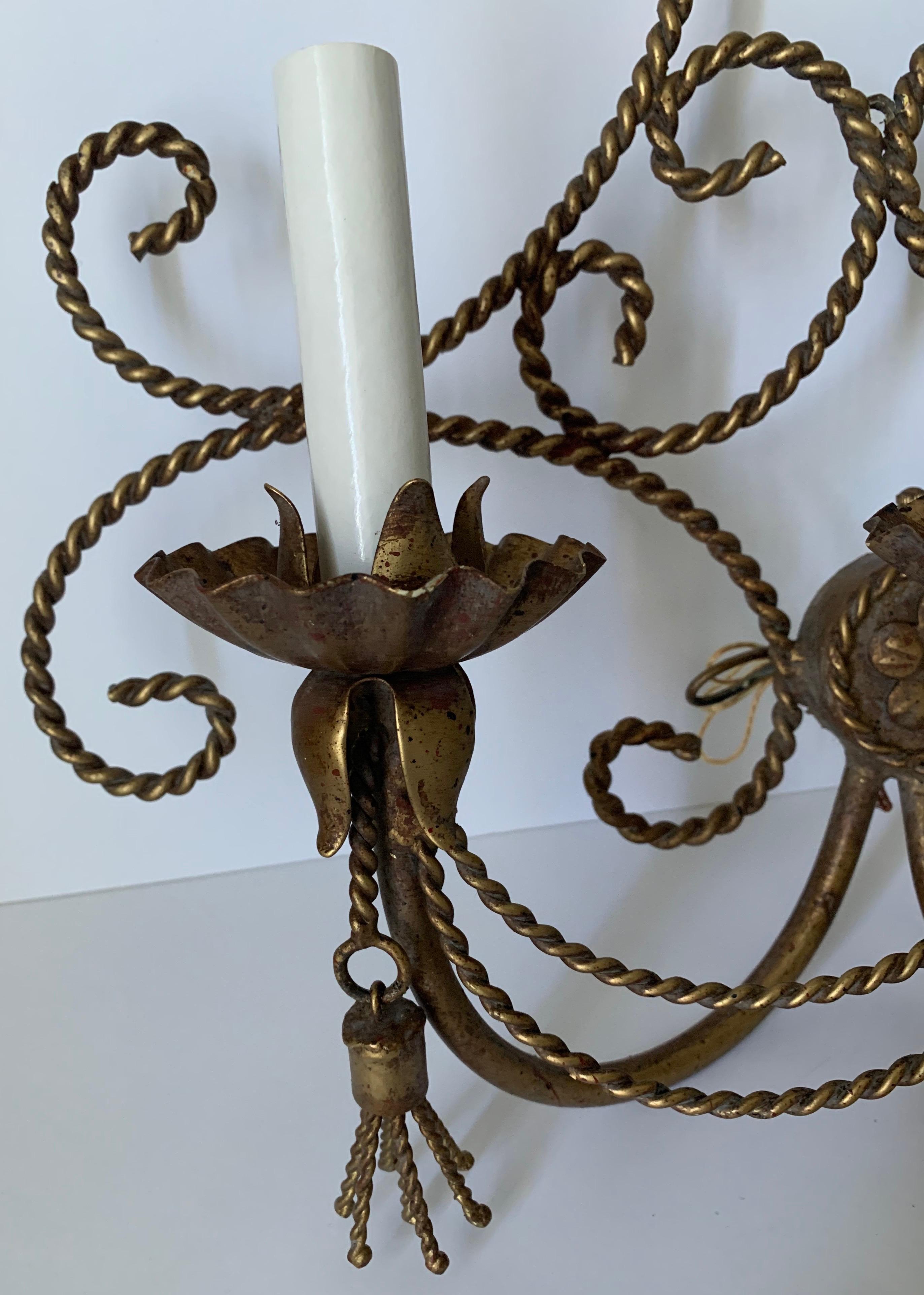 19th Century Hollywood Regency Italian Gilt Metal Rope and Tassel Scones, Pair For Sale