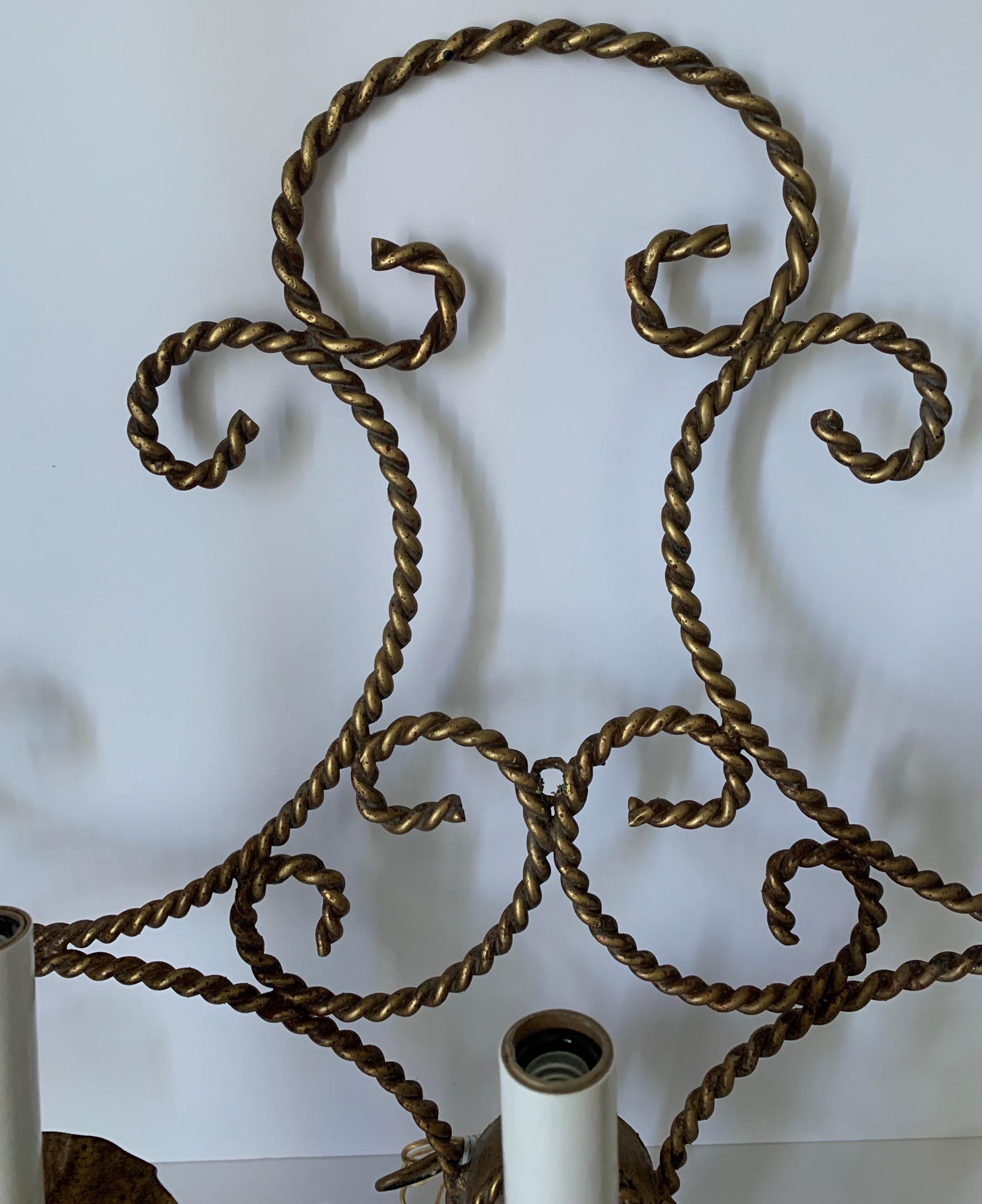Hollywood Regency Italian Gilt Metal Rope and Tassel Scones, Pair In Good Condition In Stamford, CT
