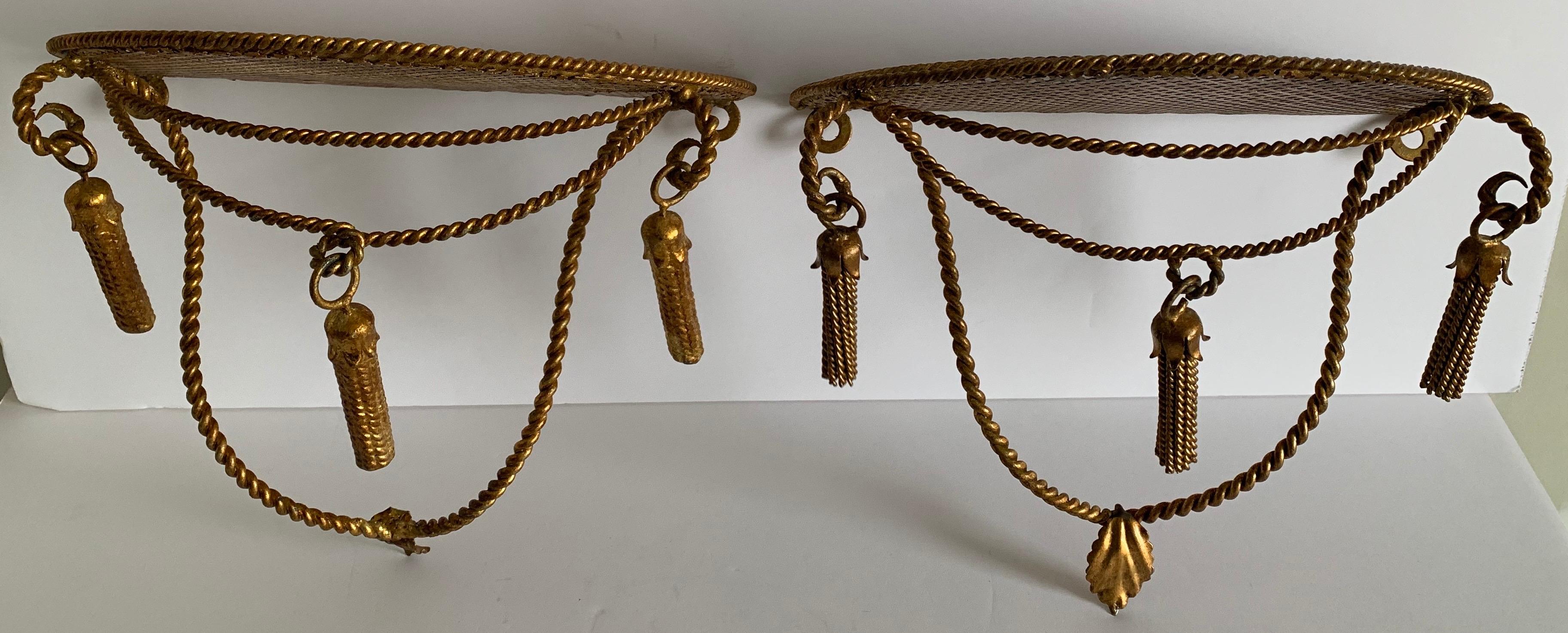 Pair of Italian Gilt Metal Rope and Tassel Wall Bracket For Sale 3