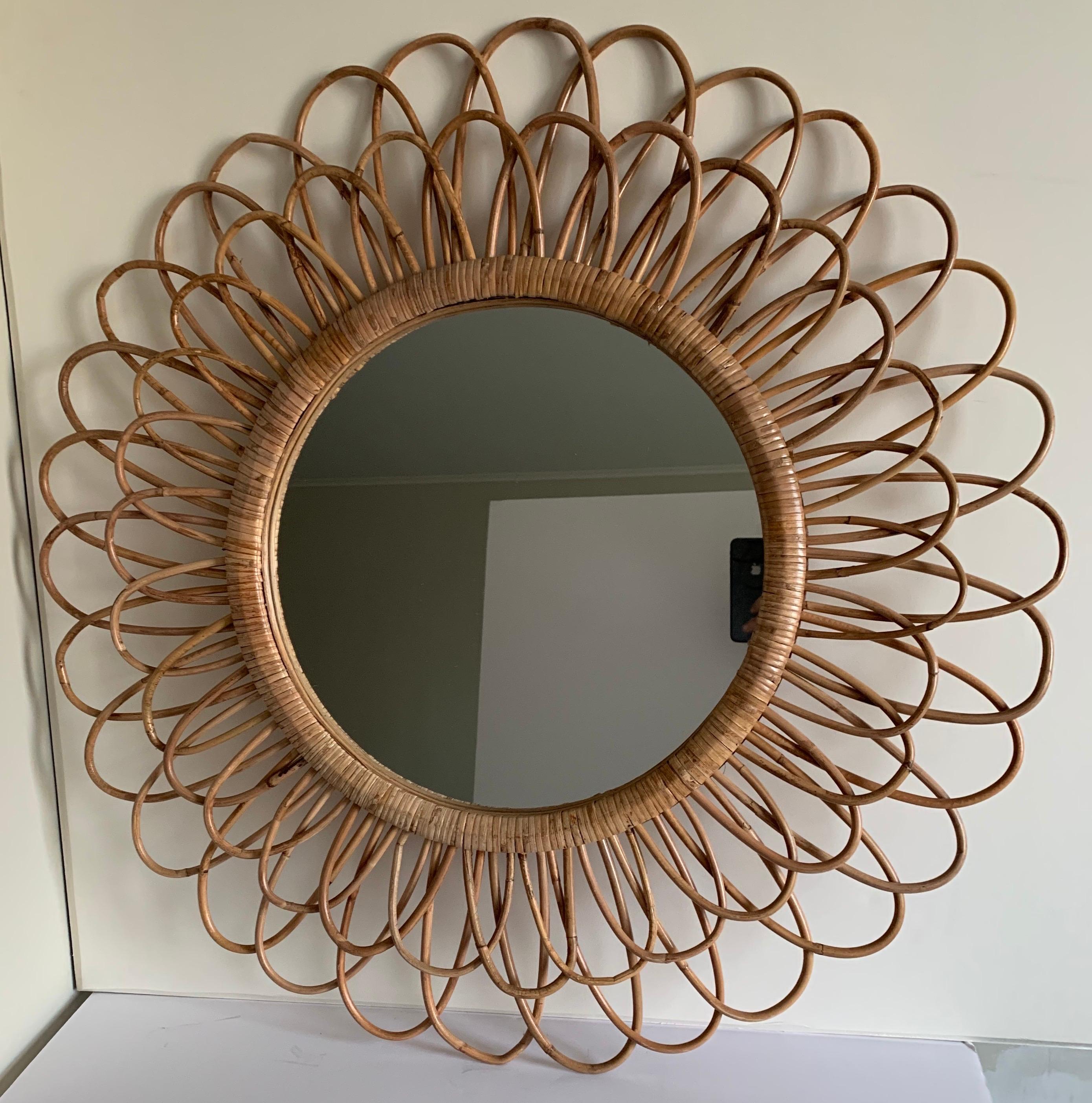 Late 20th Century Woven Rattan Sunburst Round Mirror