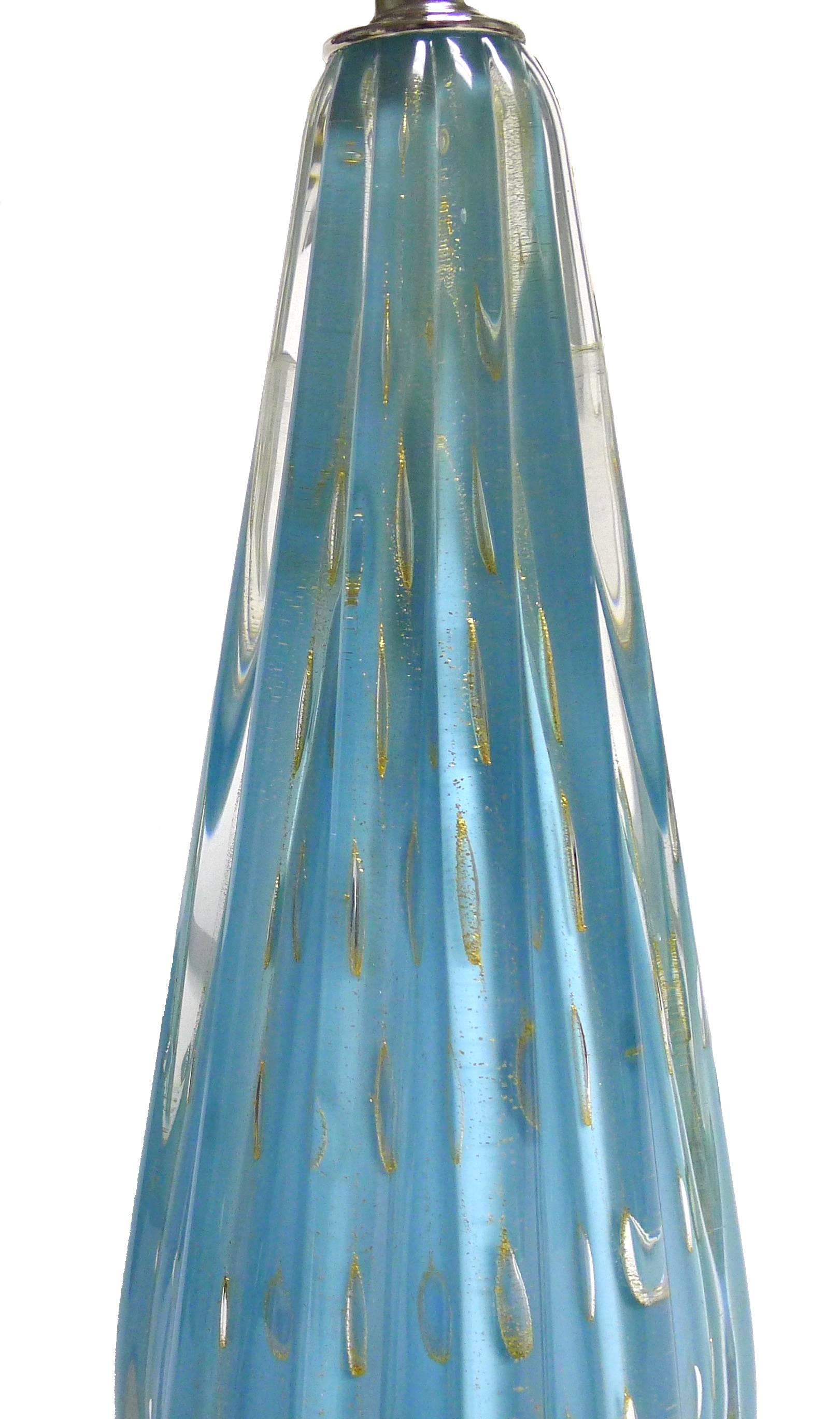 1960s Murano glass lamp by Barbini. Robin's egg blue bullicante (controlled bubbles) glass with gold flecks throughout. New Lucite base. Newly rewired, takes one standard bulb. Lampshade is not included.
