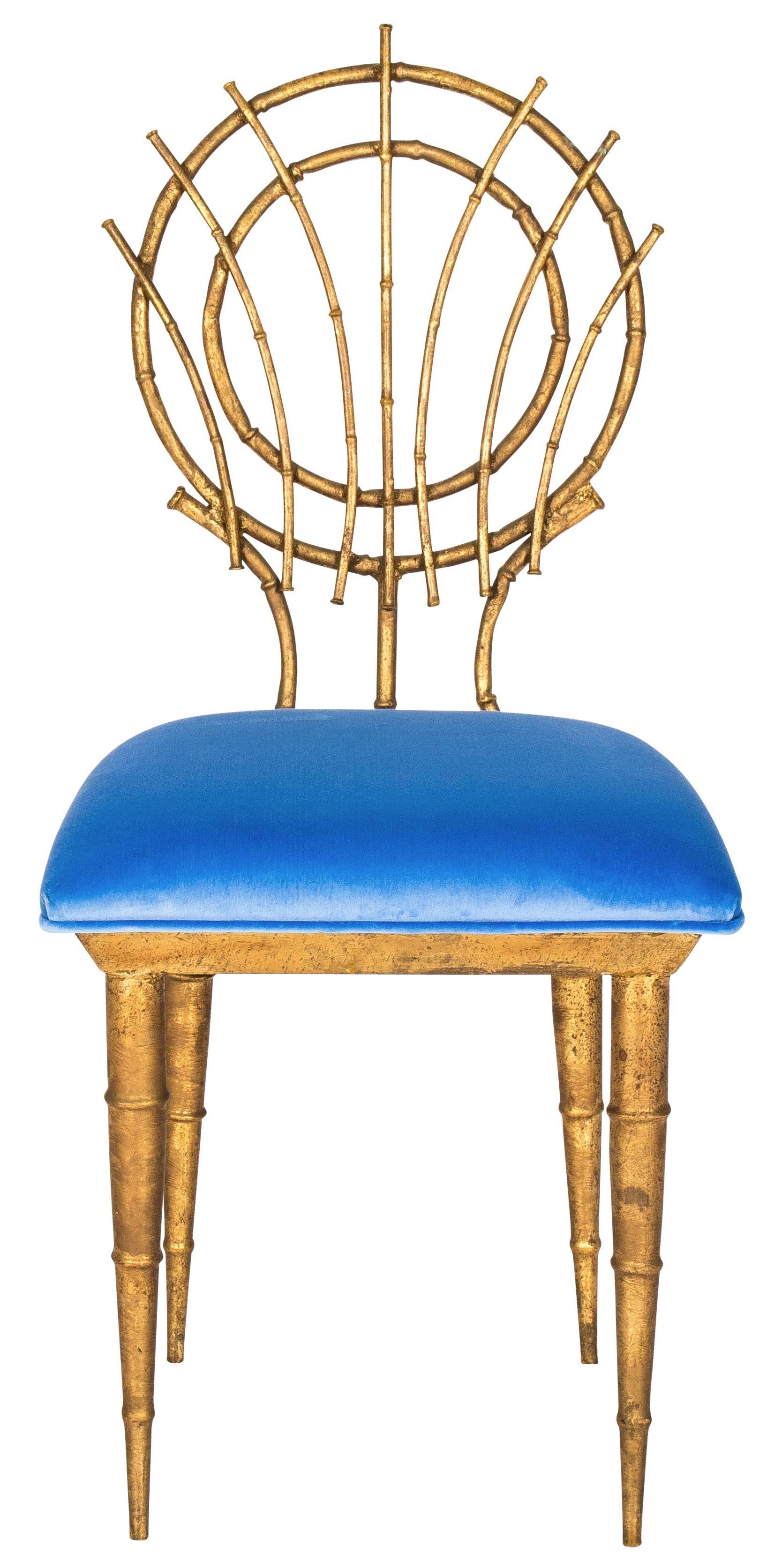 1960s pair of gold gilt faux bamboo style chairs. Newly upholstered in cornflower blue Schumacher velvet. Fabric appears slightly bluer in photos. Measures: Seat, 17