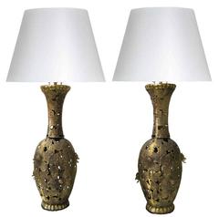 Pair of Chinoiserie Pierced Brass Flower Lamps