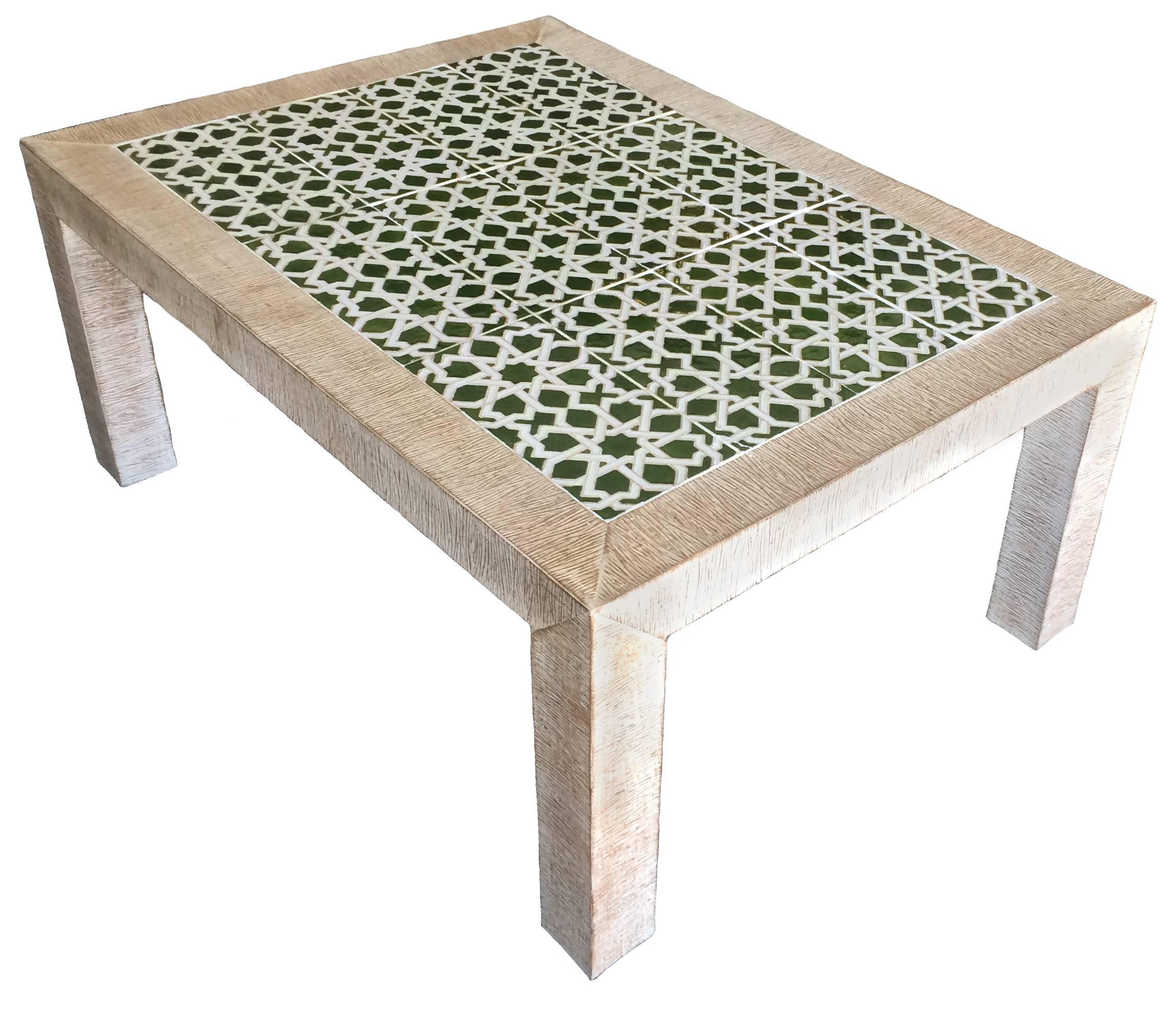 Mid-Century Modern combed wood and tile cocktail table. Solid oak with combed detailing and whitewash finish. Medium green and white geometric tile inset top. No makers mark.