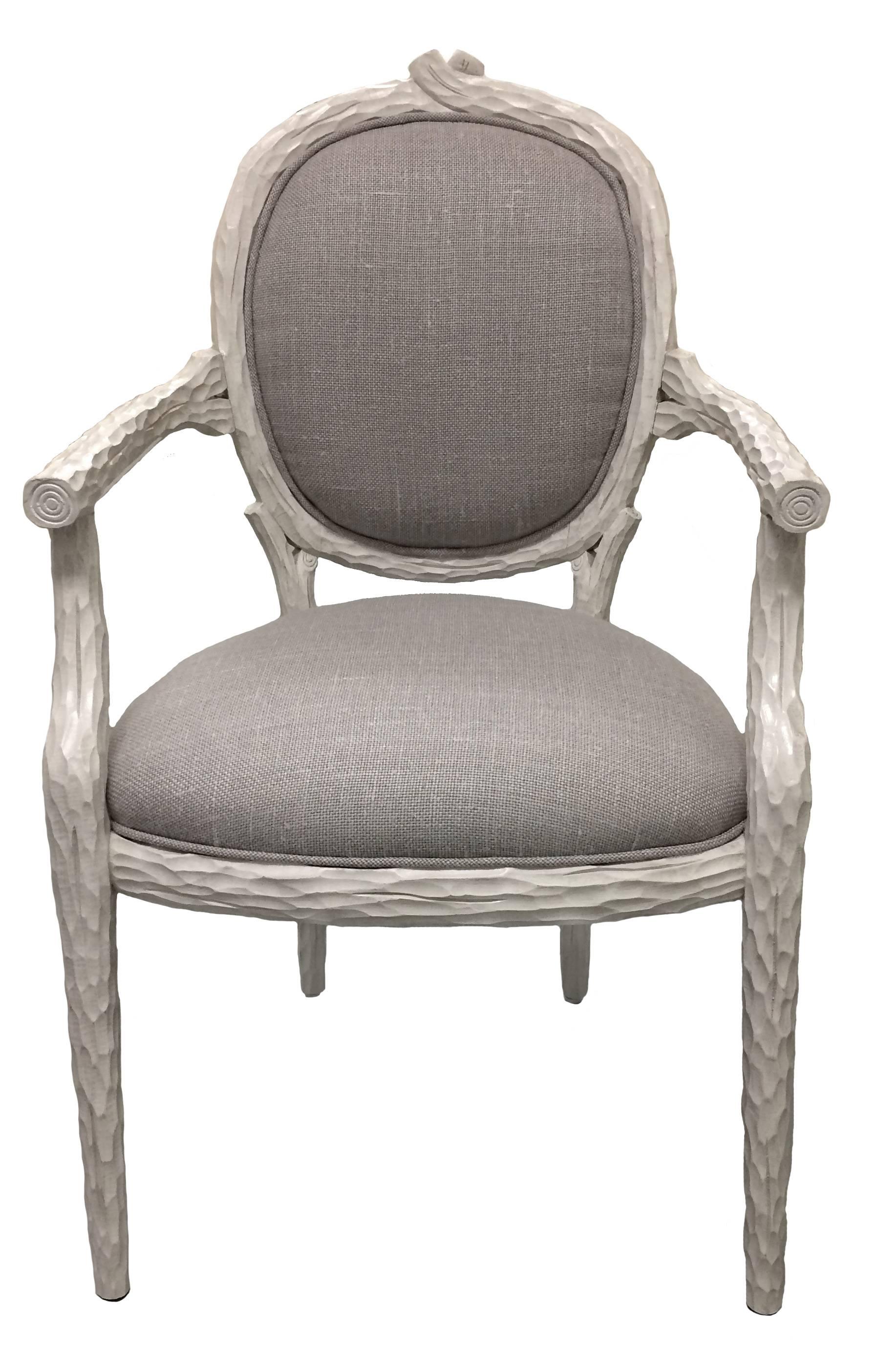 Pair of faux bois armchairs newly painted in antiqued white finish and newly upholstered in grey linen. Seat, 17.5