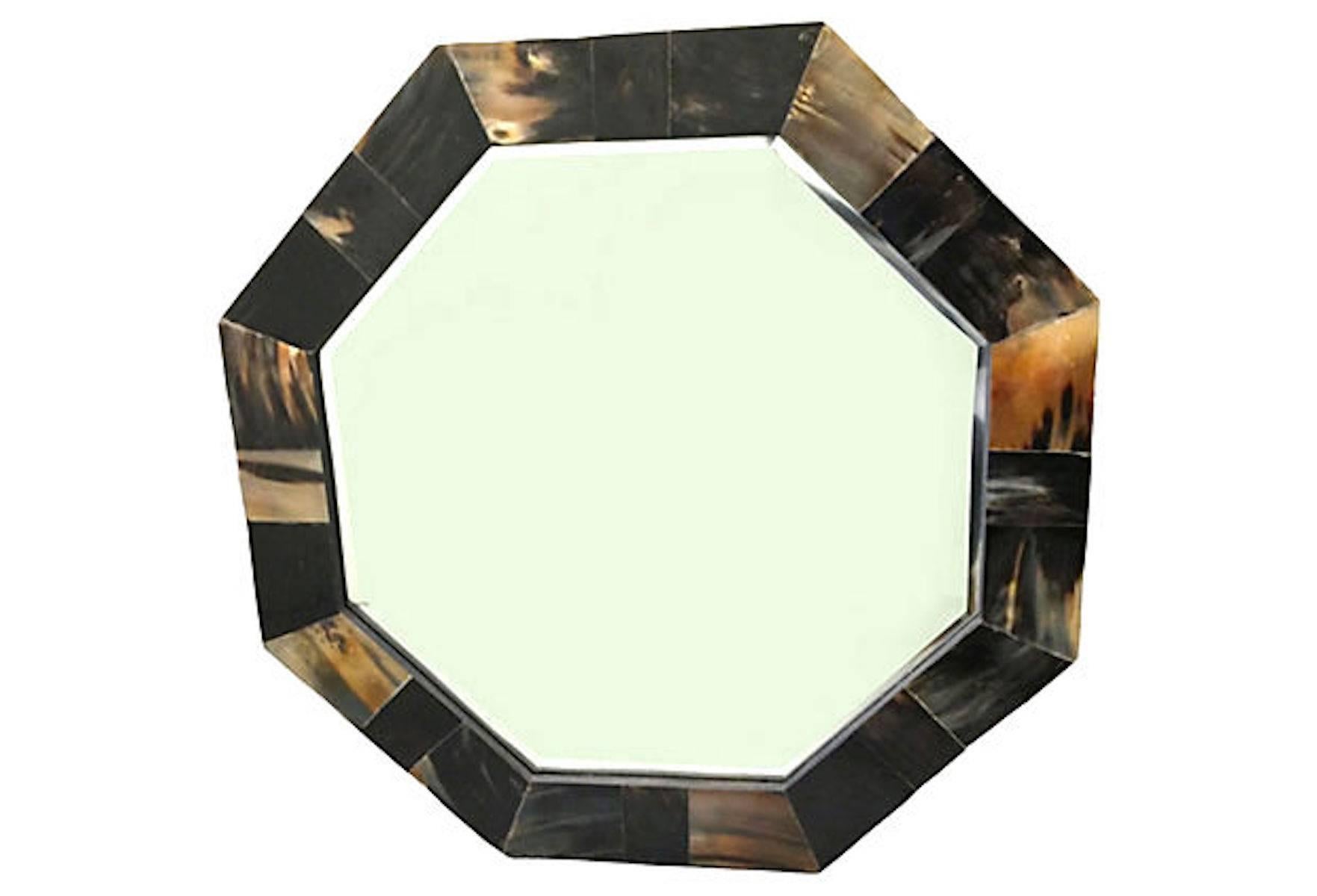 1970s tessellated Horn octagonal mirror. Original beveled mirror.