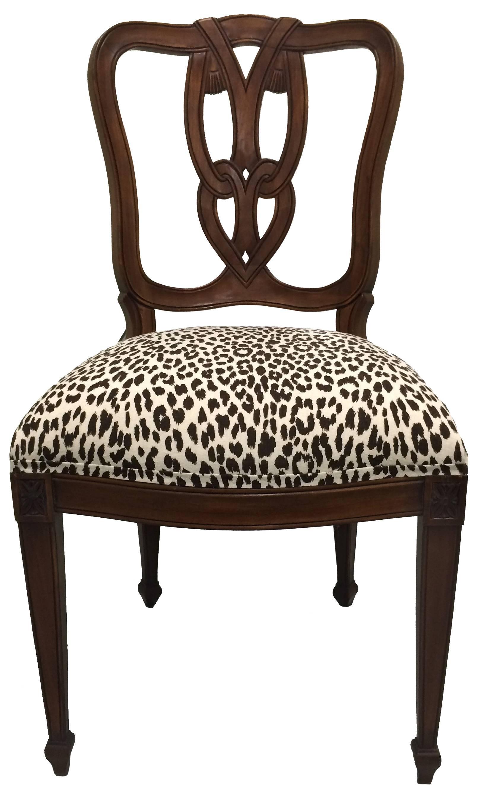 Wood Pair of Hollywood Regency Tassel-Motif Leopard Chairs