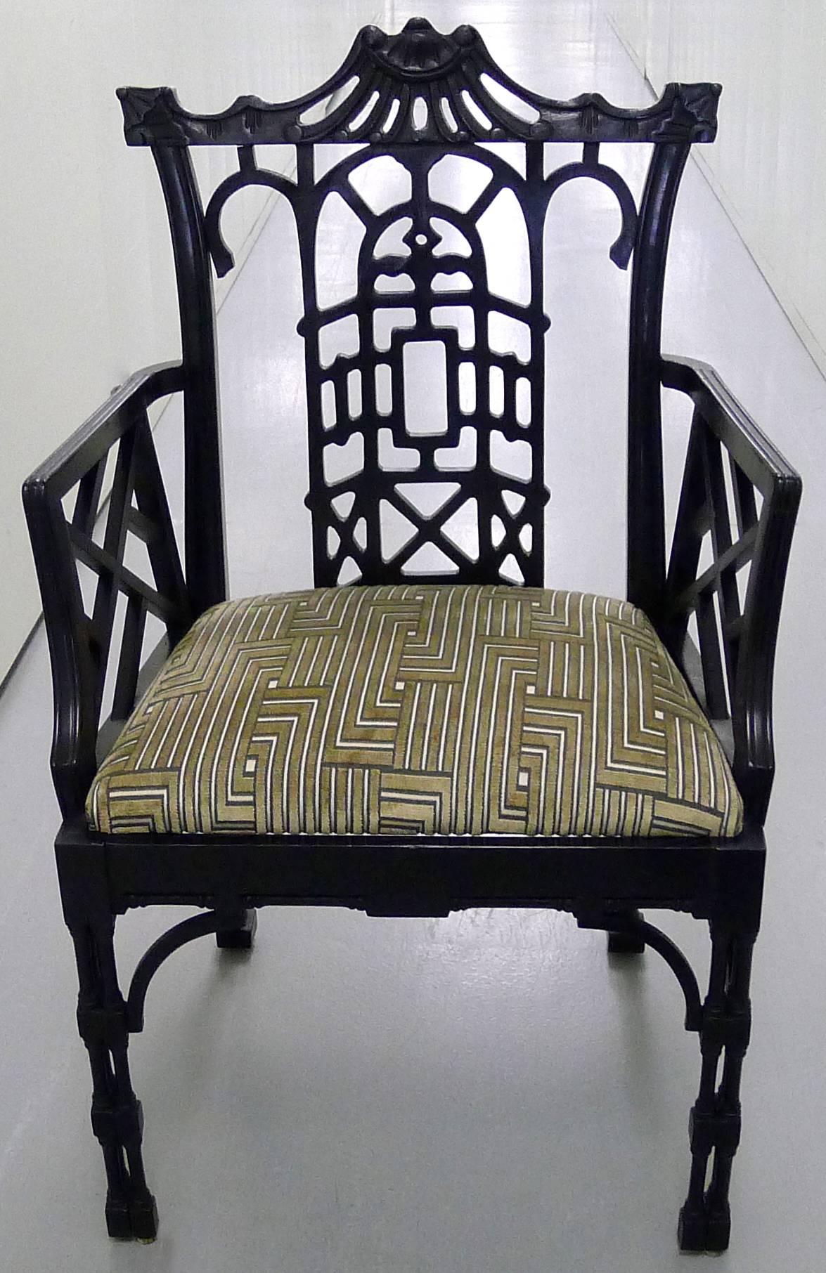 American Chinese Chippendale Style Black Armchair