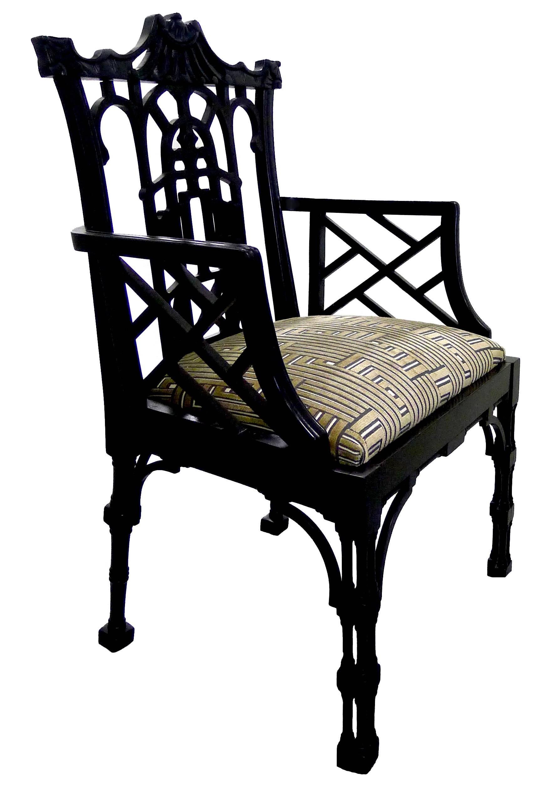 Stained Chinese Chippendale Style Black Armchair