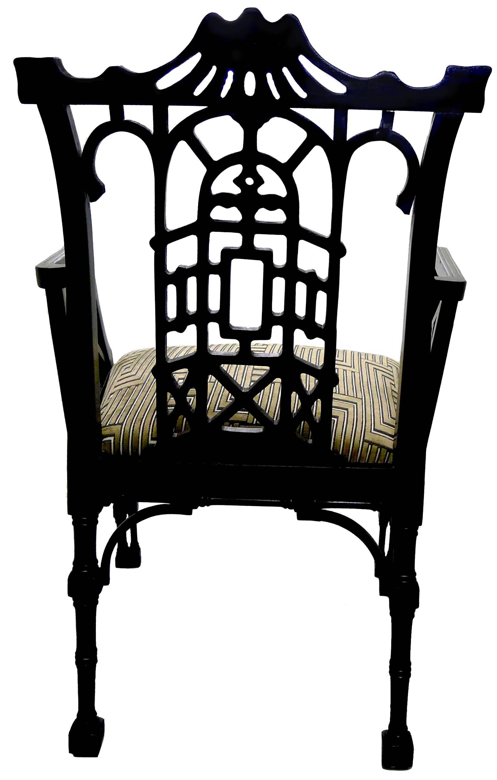 Chinese Chippendale Style Black Armchair In Good Condition In Stamford, CT