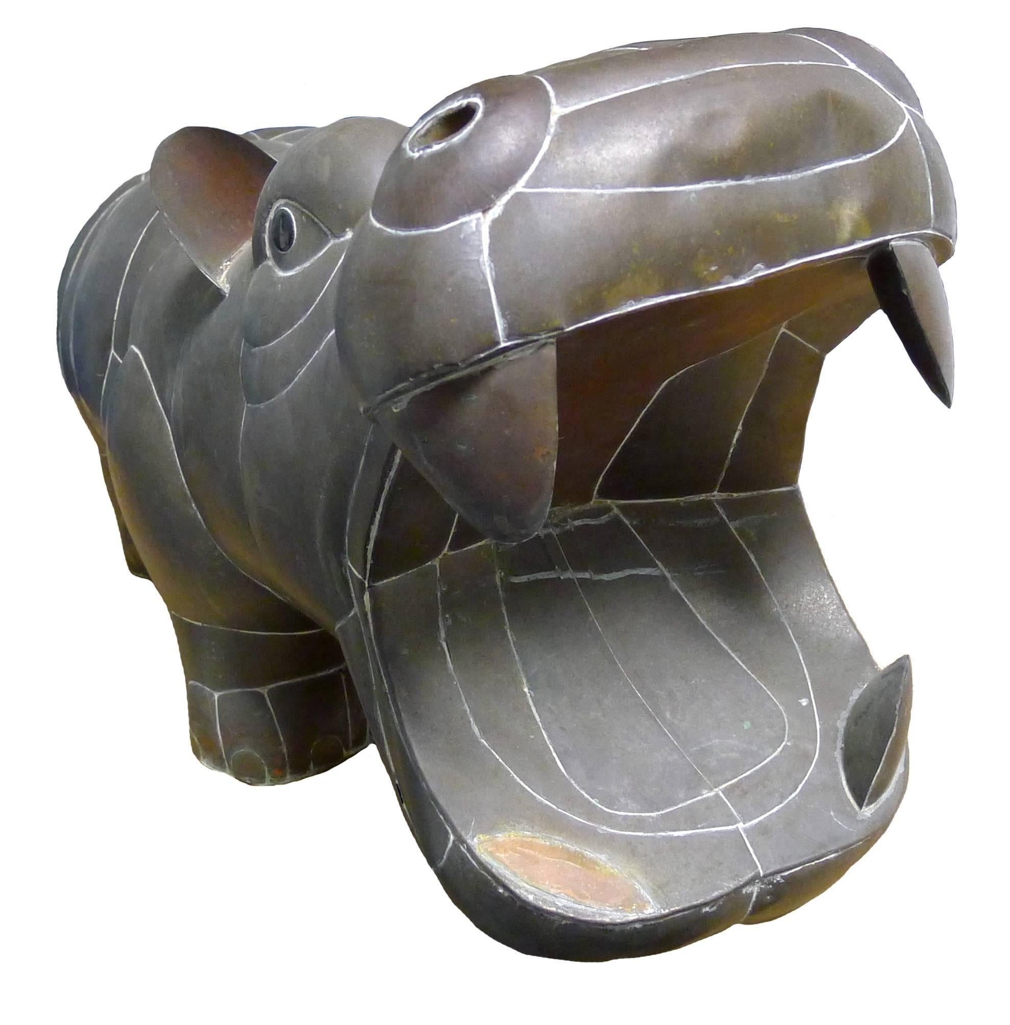 1970s mixed metal patchwork hippo attributed to Sergio Bustamante. Constructed of brass and copper. Overall as found dark unpolished patina. 