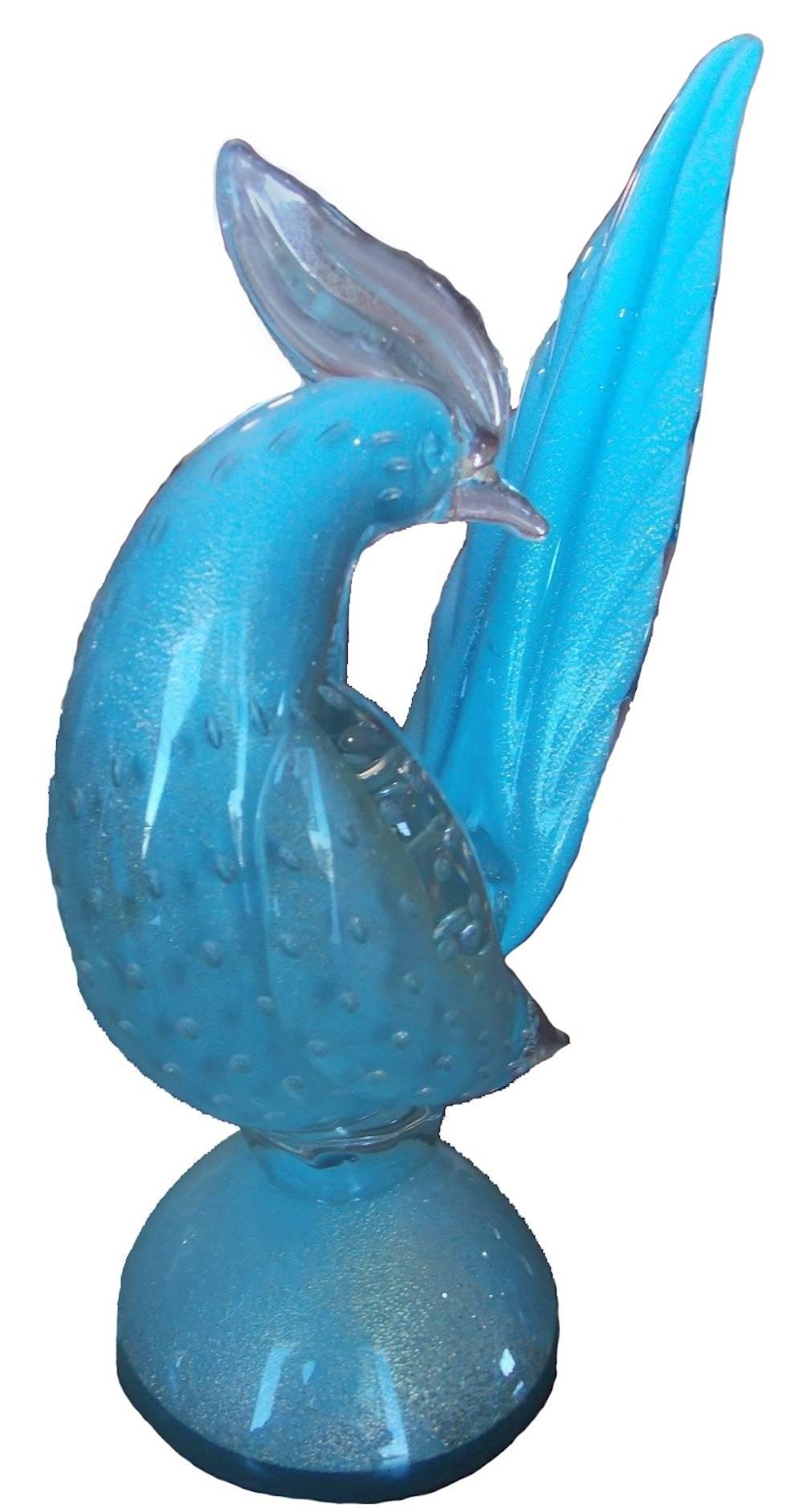 Italian Mid-Century Barbini Murano Blue Birds, Pair