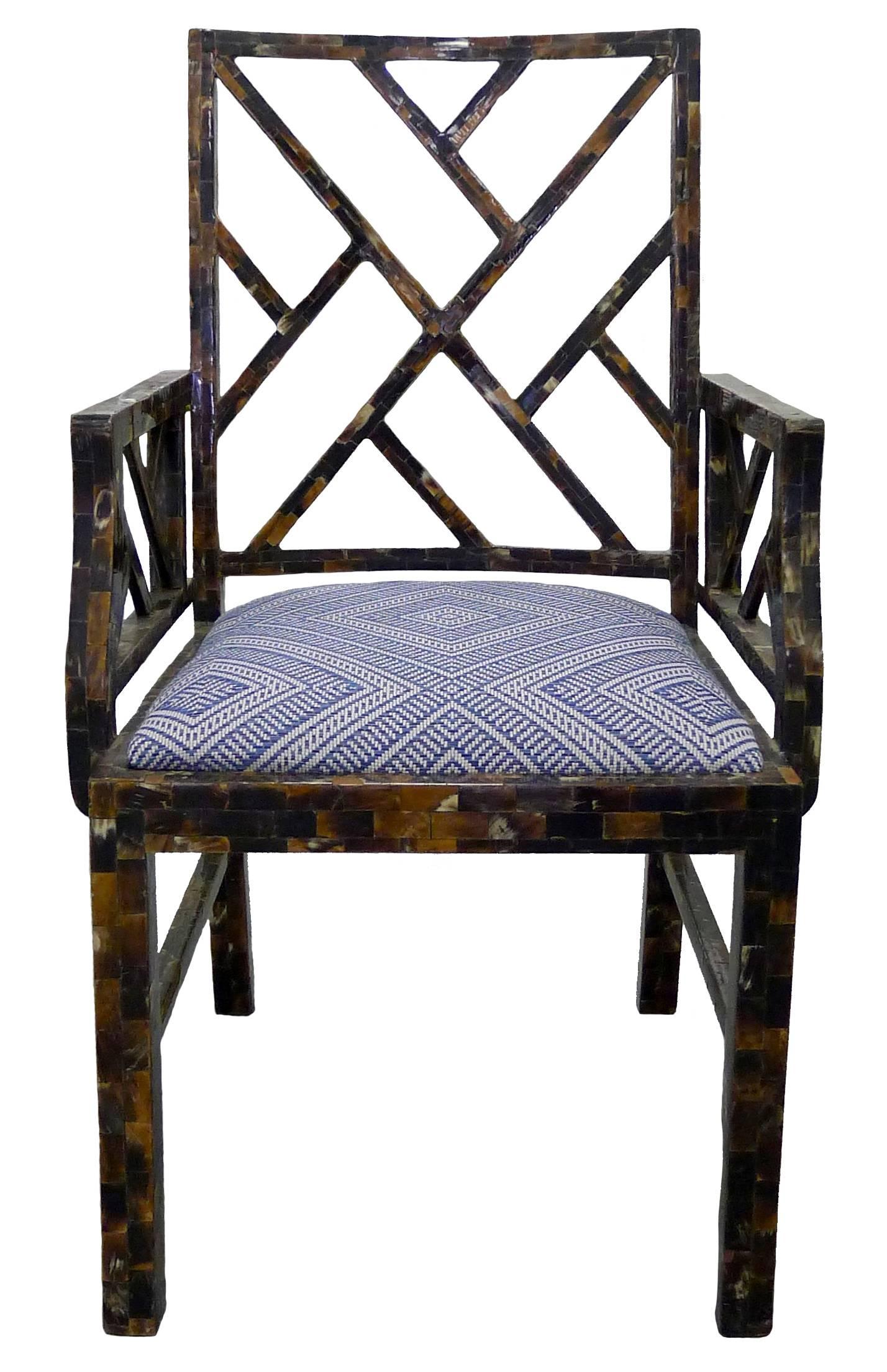 1970s Chinese Chippendale-style tessellated Horn armchair. Tiles of brown and bone-colored Horn over wooden chair frame. Curved back detailing. Stamped 