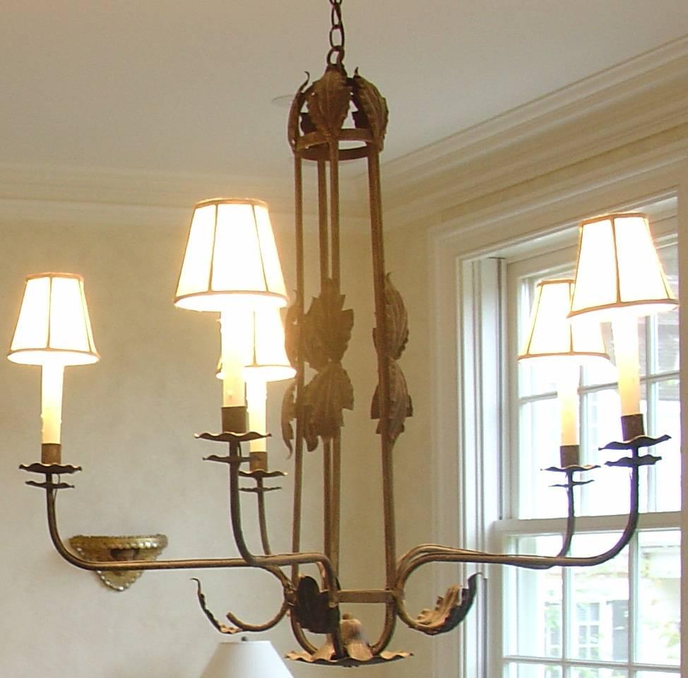 Country 1930s Black Wrought Iron Leaf Chandelier
