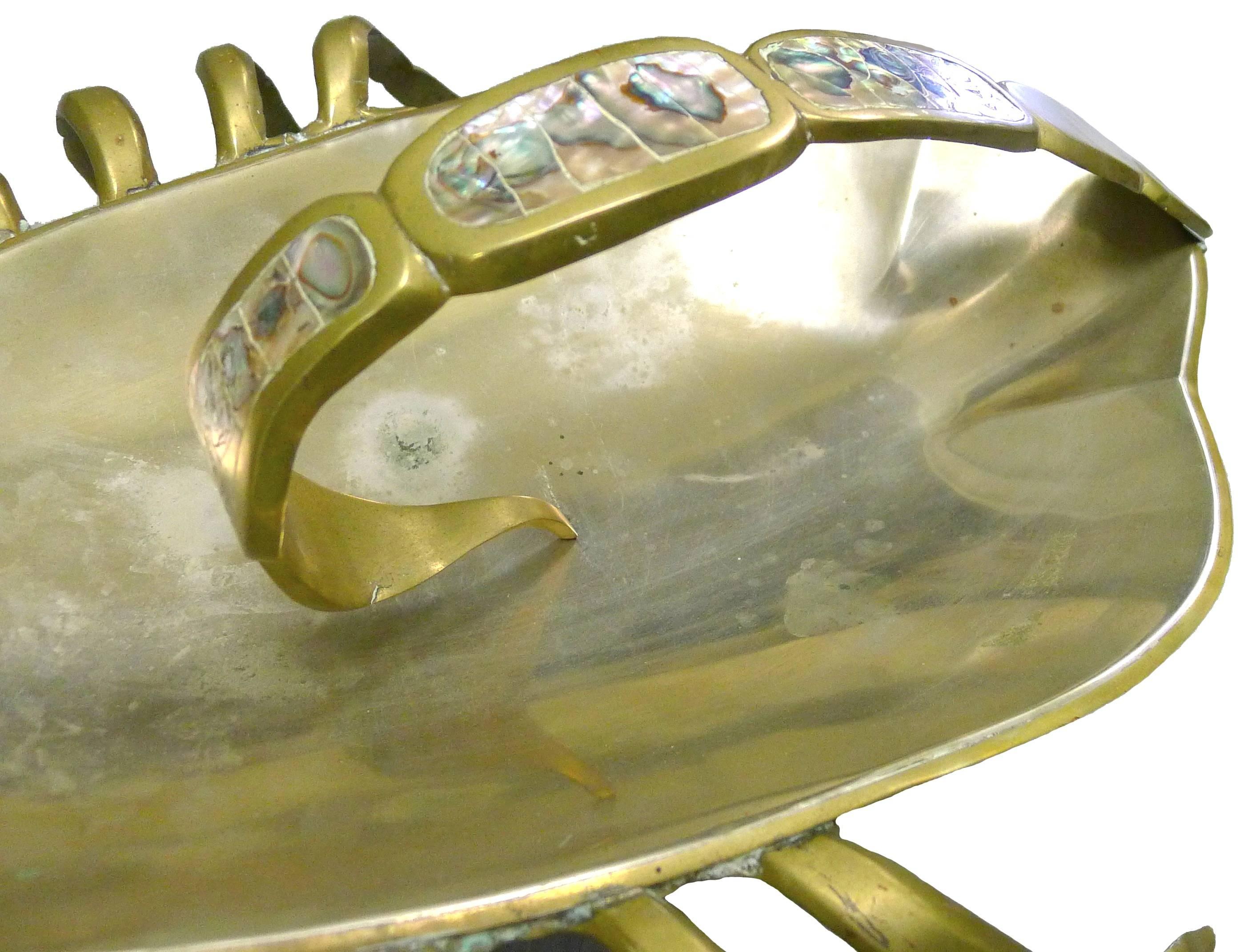 Brutalist Large Mexican Brass and Abalone Scorpion Bowl