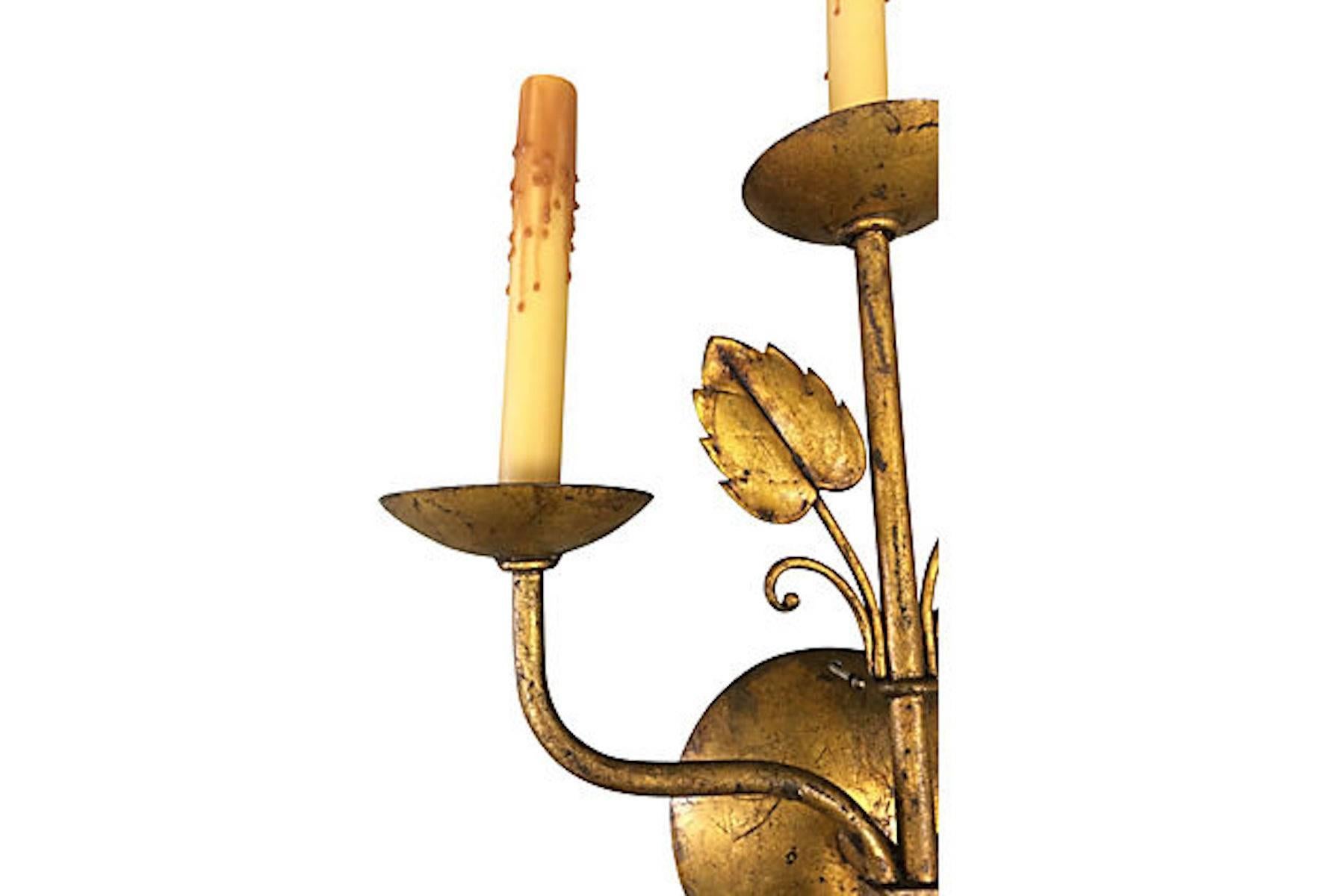 Aesthetic Movement Mid-Century French Gilt Leaf Wall Sconces, Pair