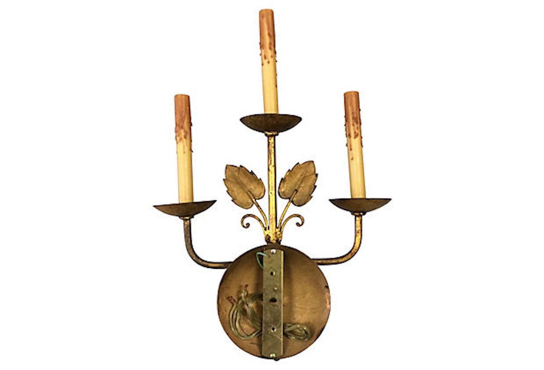 Mid-Century French Gilt Leaf Wall Sconces, Pair In Excellent Condition In Stamford, CT