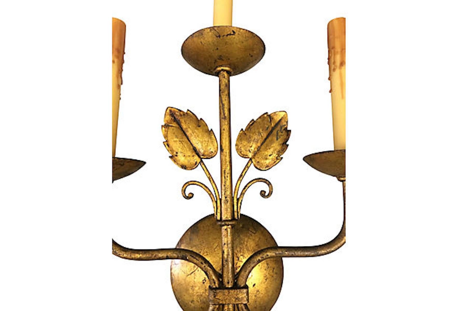 20th Century Mid-Century French Gilt Leaf Wall Sconces, Pair