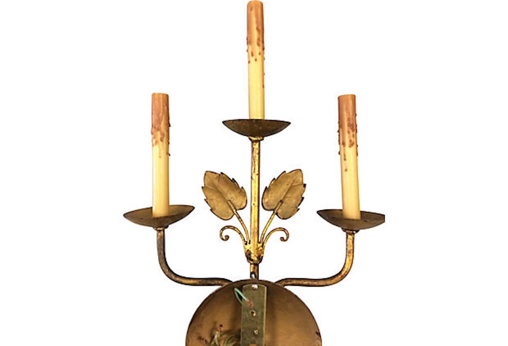 Brass Mid-Century French Gilt Leaf Wall Sconces, Pair