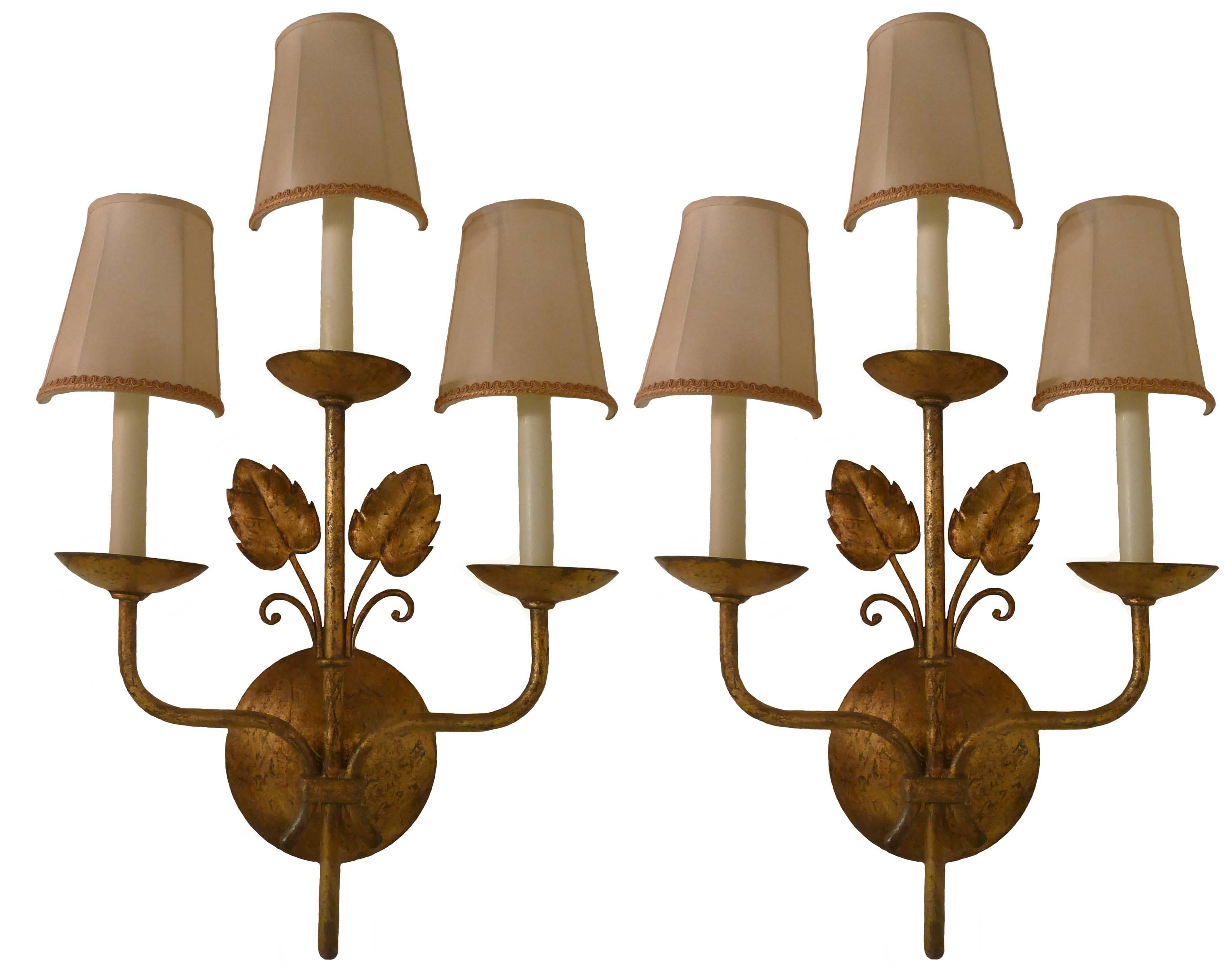 Mid-Century French Gilt Leaf Wall Sconces, Pair 1
