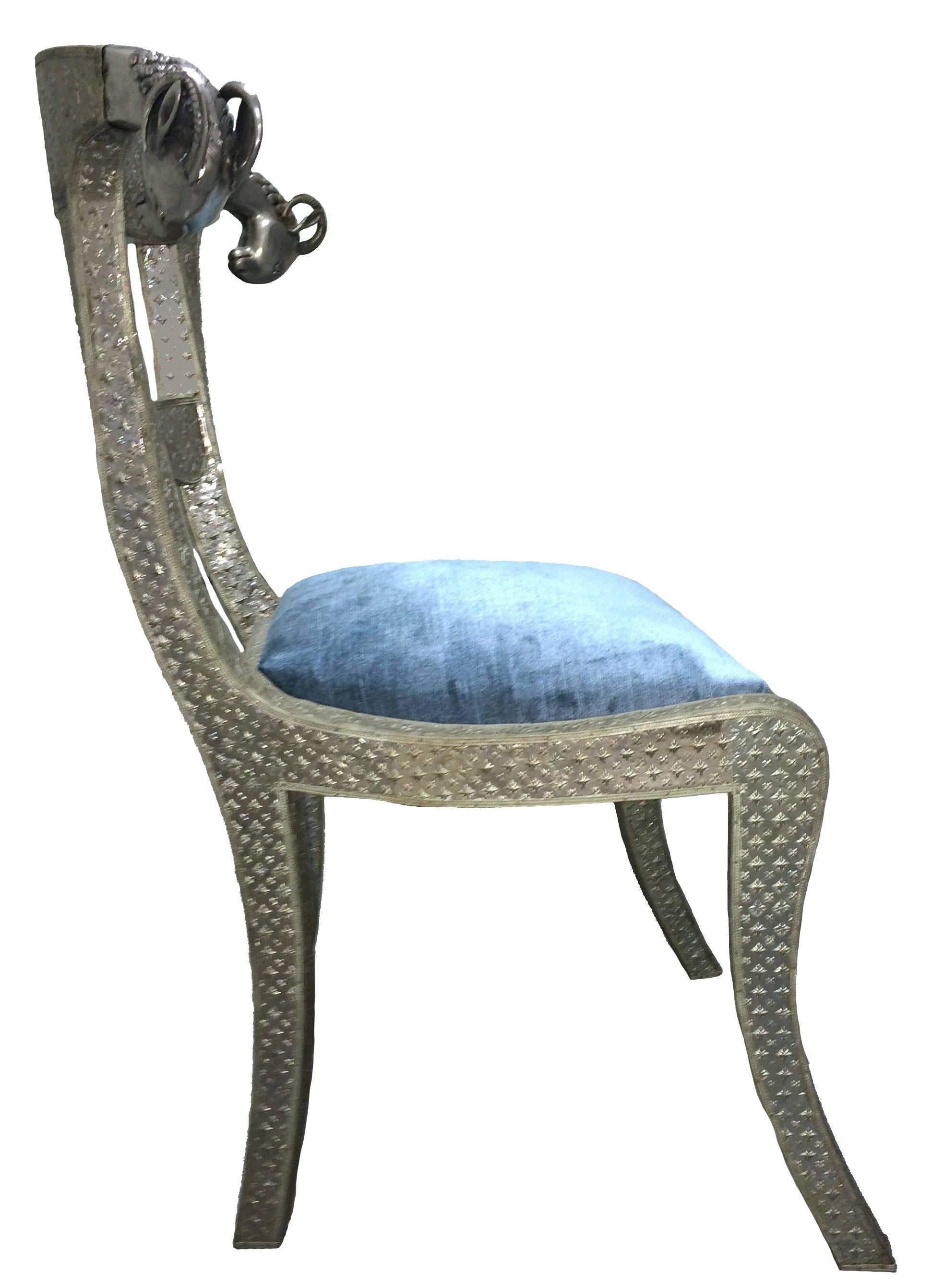 Anglo-Indian Indian Repoussé Ram's Head Side Chair