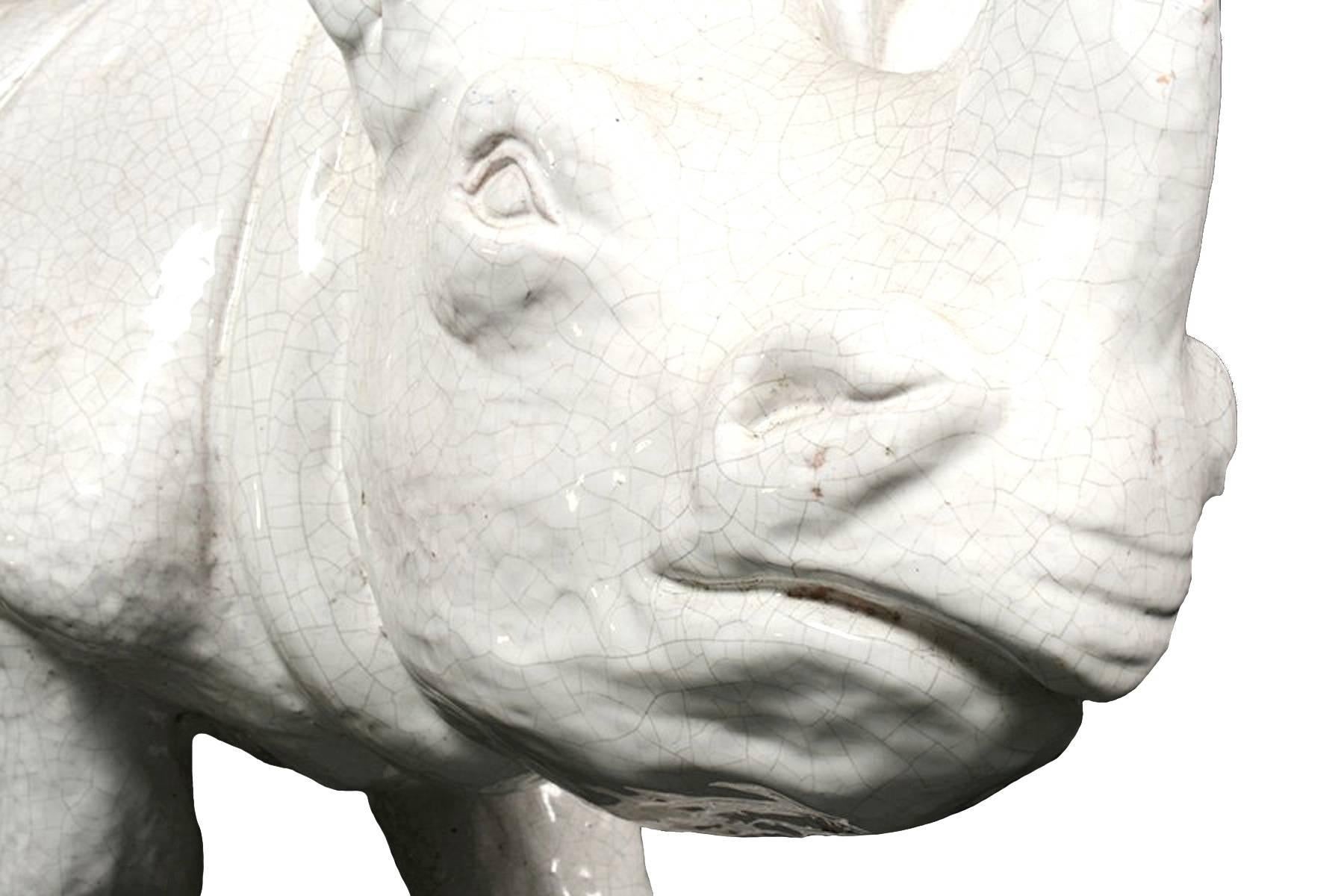 Mid-Century Modern 1970s Large White Glazed Terracotta Rhino