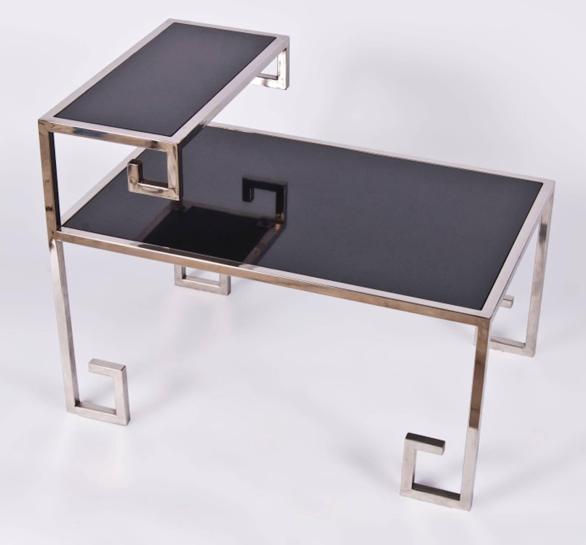 Mid-Century Modern Pair of Greek Key Chrome and Polished Stone Side Tables