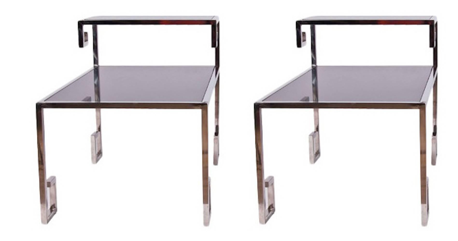 Metal Pair of Greek Key Chrome and Polished Stone Side Tables