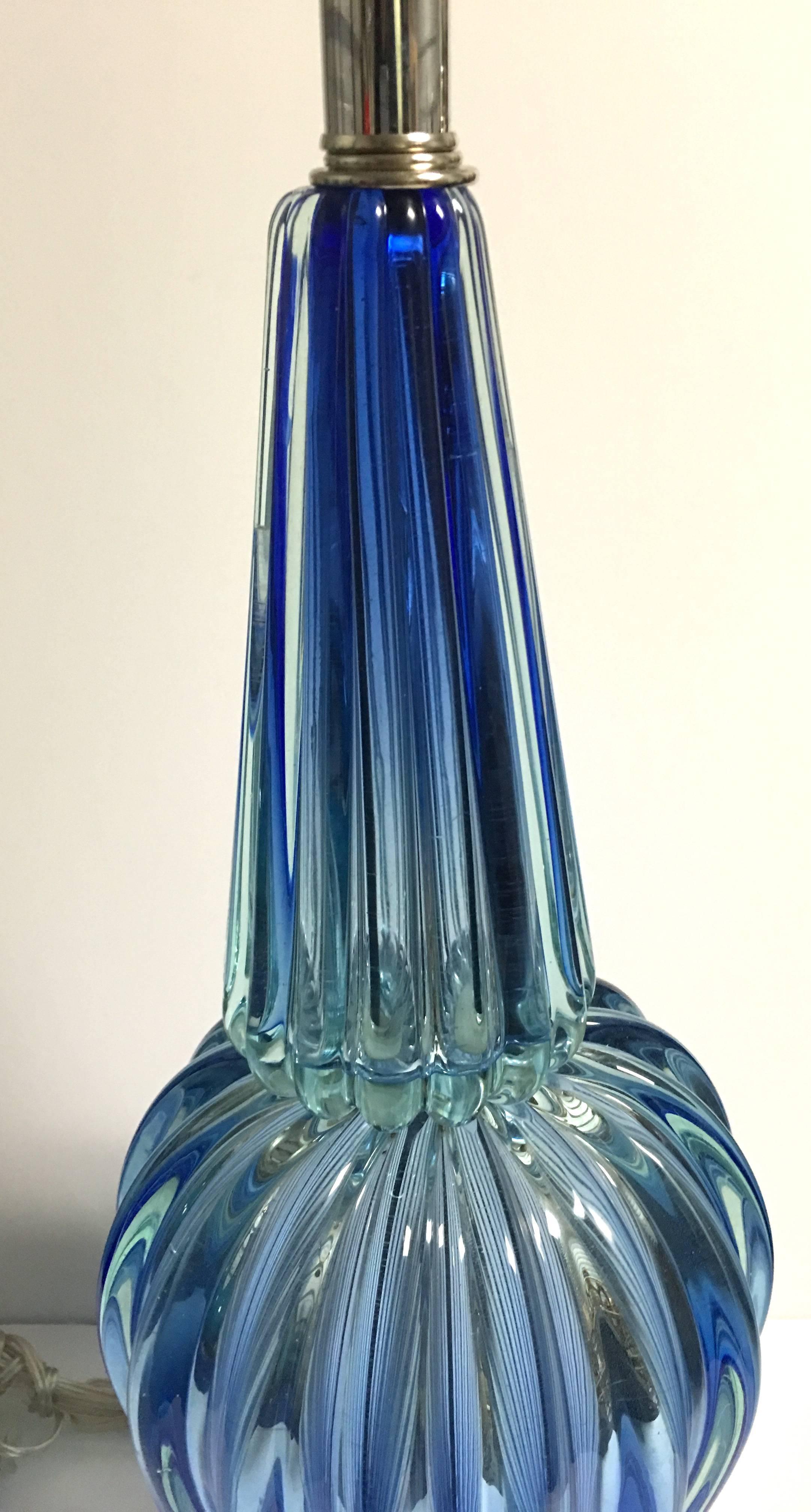 Mid-Century Murano Seguso Blue Glass Lamp In Excellent Condition In Stamford, CT