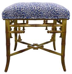 Giltwood Bamboo Scalamandre Upholstered Leopard Stools, Pair