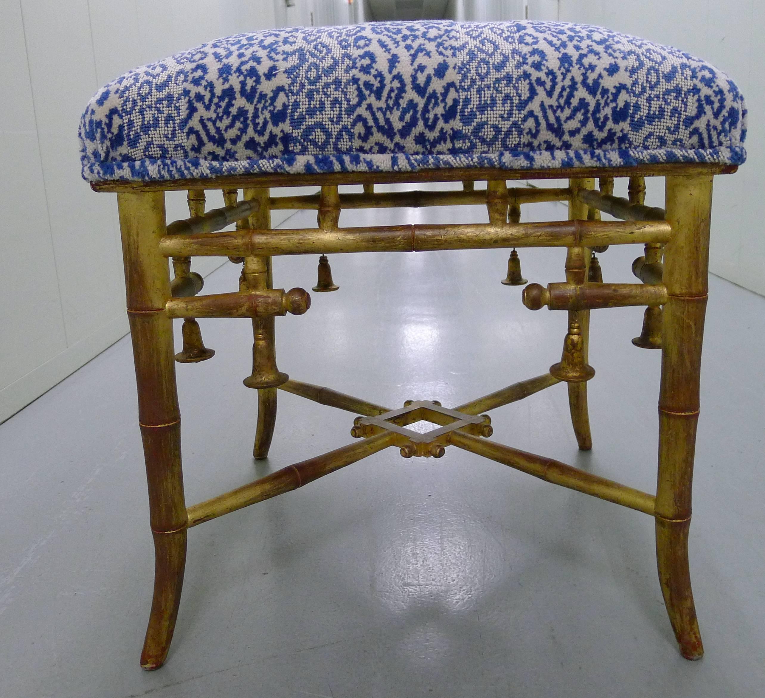 Chinoiserie Giltwood Bamboo Scalamandre Upholstered Leopard Stools, Pair