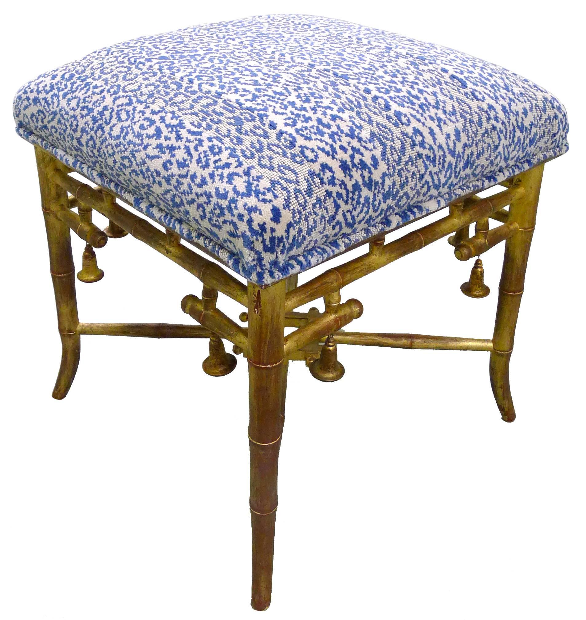 20th Century Giltwood Bamboo Scalamandre Upholstered Leopard Stools, Pair