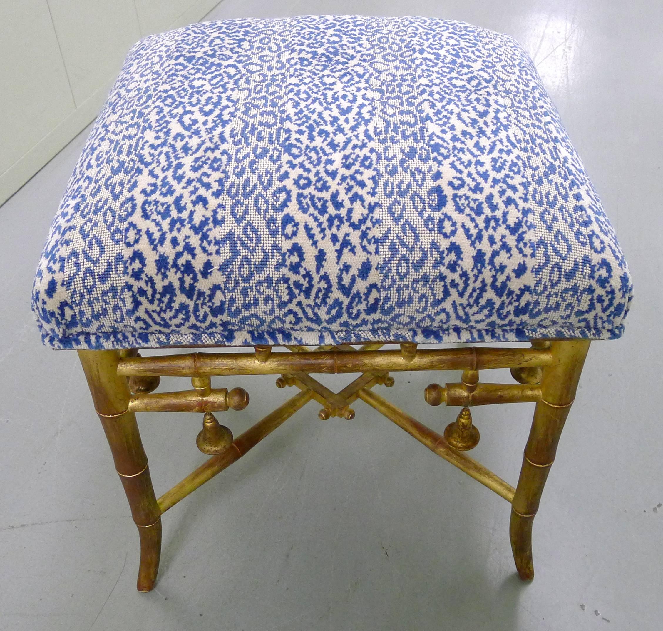 Fabric Giltwood Bamboo Scalamandre Upholstered Leopard Stools, Pair