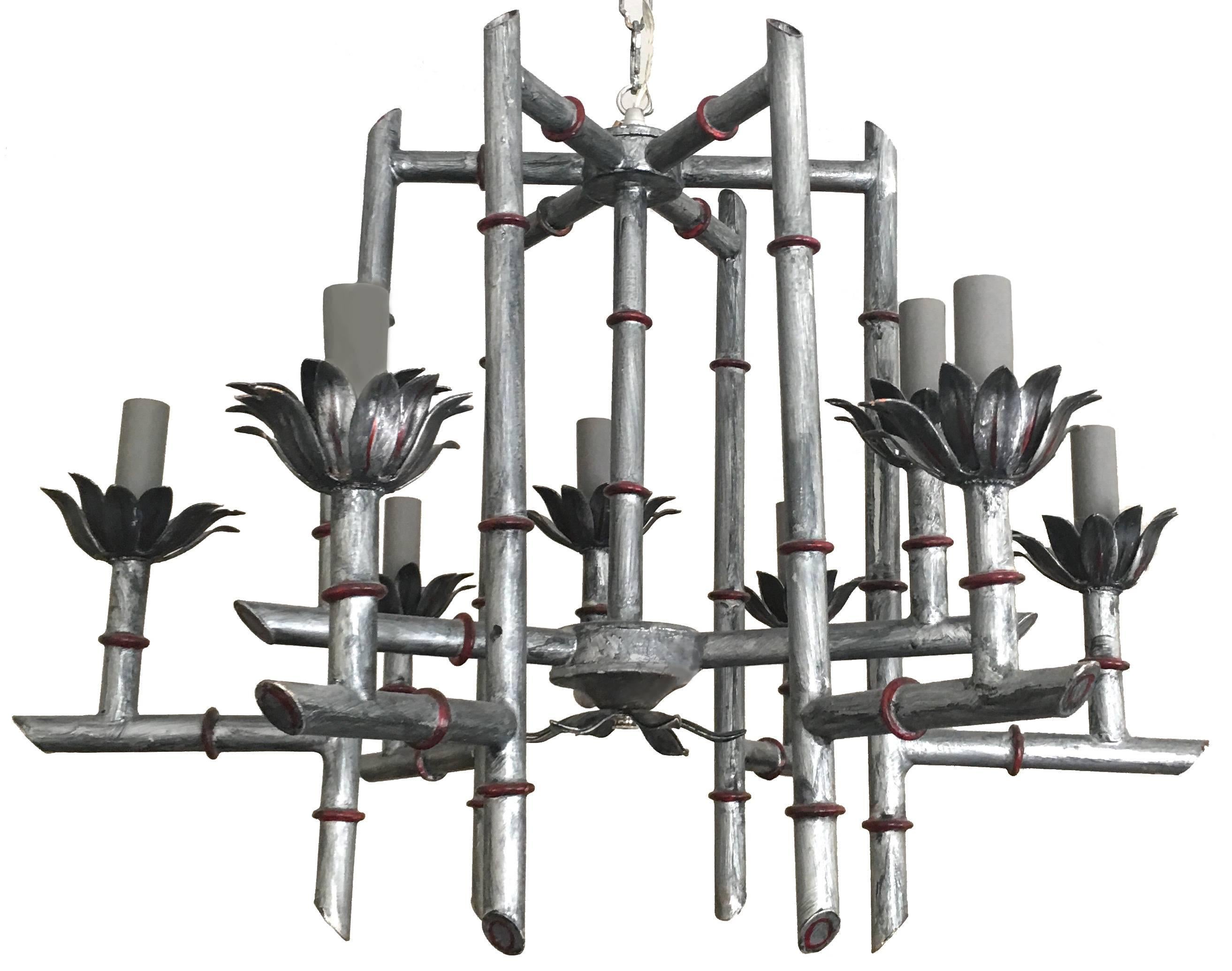 Silver Chinoiserie Faux Bamboo Chandelier 3