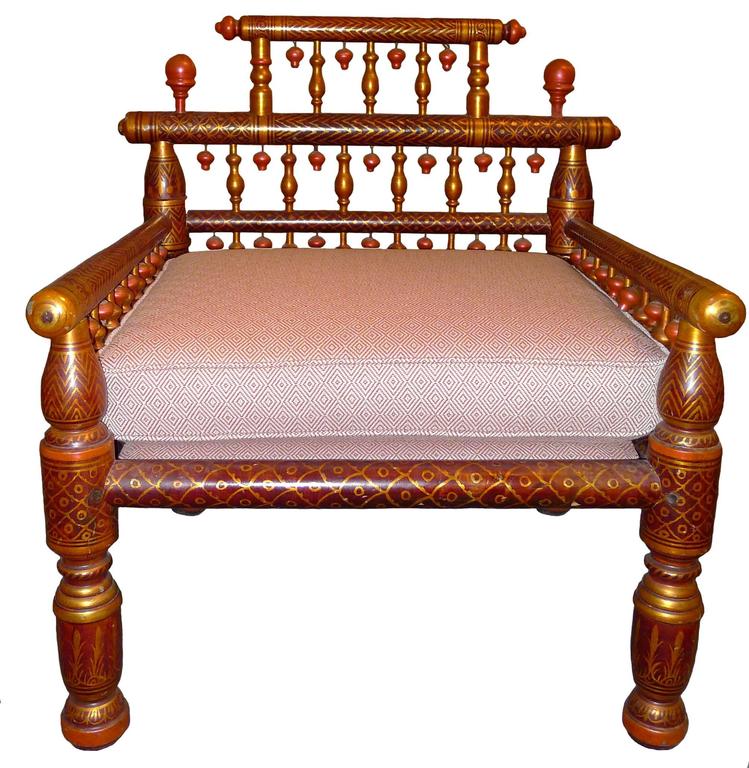 Indian Sankheda Painted Armchair Newly Upholstered at 1stDibs