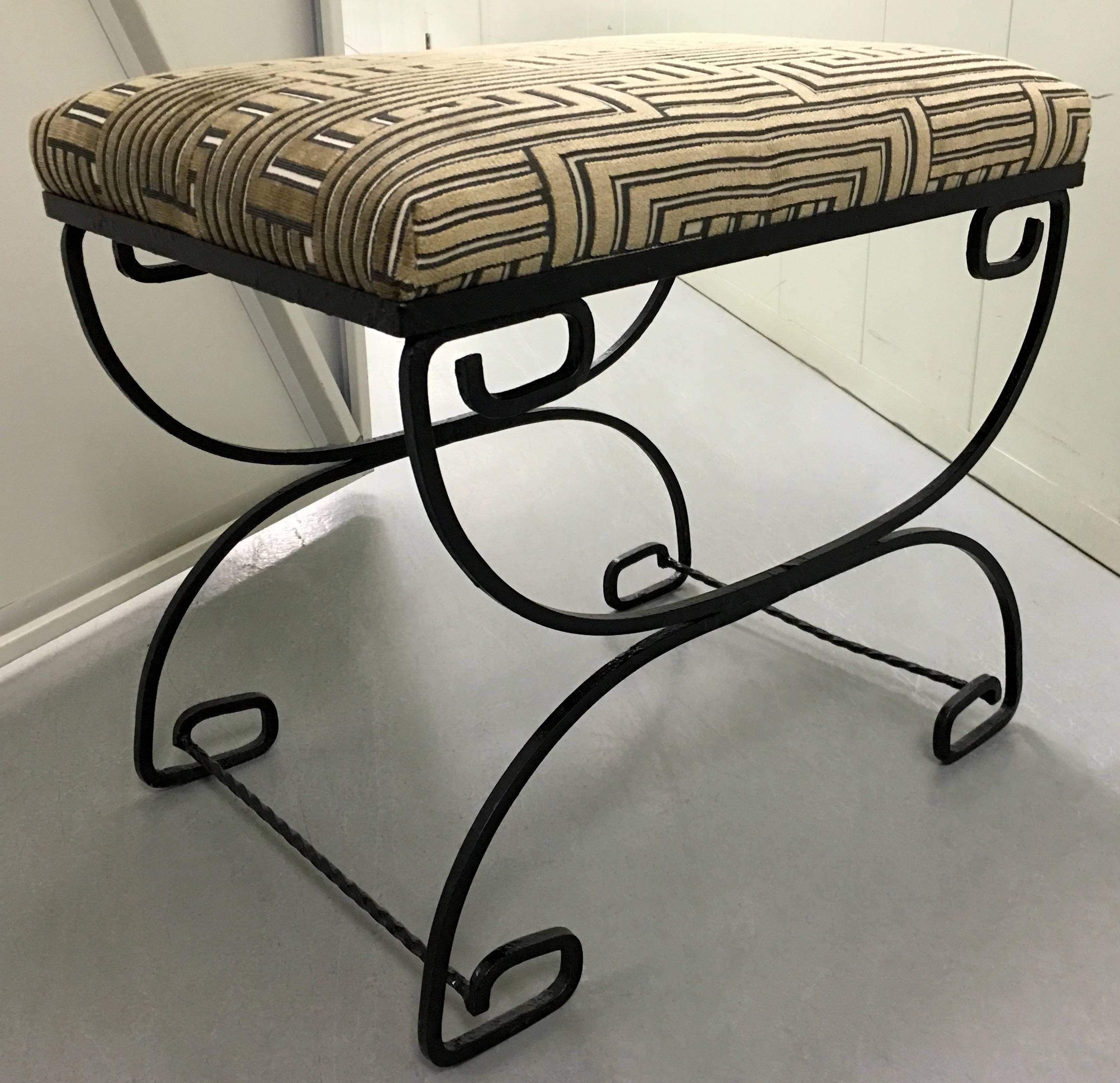 Painted Greek Key Black Wrought Iron Bench